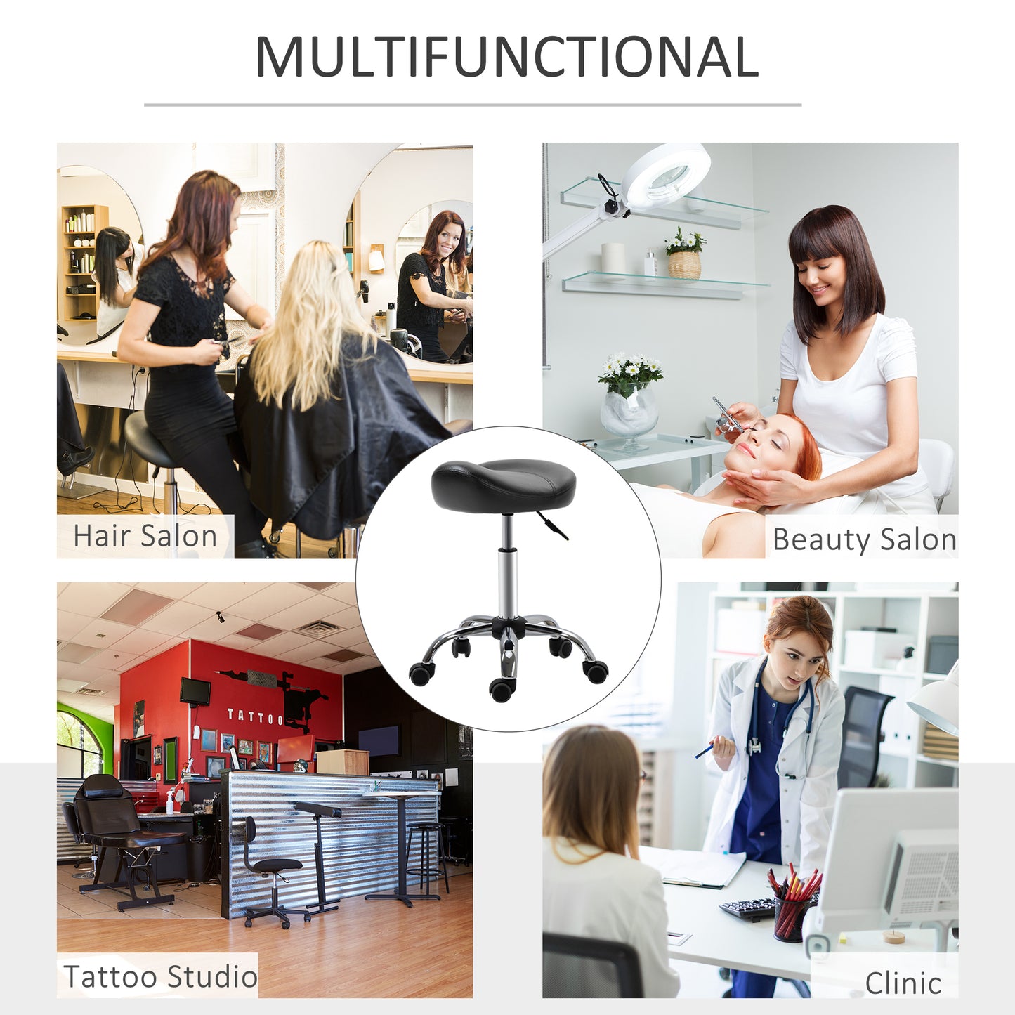 Saddle Stool, Height Adjustable Rolling Salon Chair with PU Leather for Massage, Spa, Clinic, Beauty and Tattoo, Black