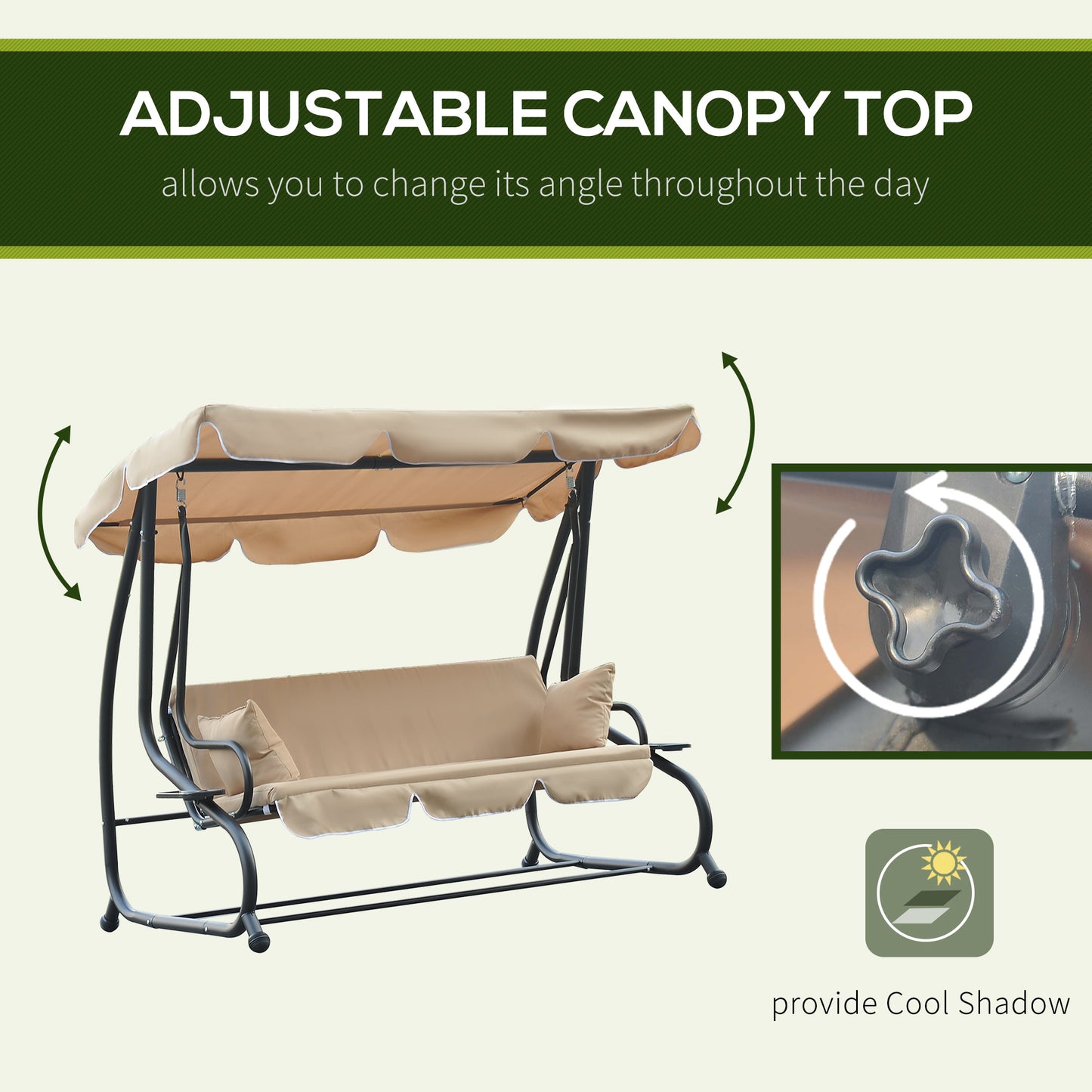 3-Seat Outdoor Patio Swing Chair, 2-in-1 Convertible Flat Bed, Canopy Swing with Adjustable Shade, Removable Cushions, C