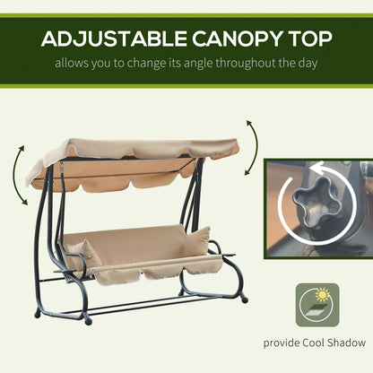 3-Seat Outdoor Patio Swing Chair, 2-in-1 Convertible Flat Bed, Canopy Swing with Adjustable Shade, Removable Cushions, C