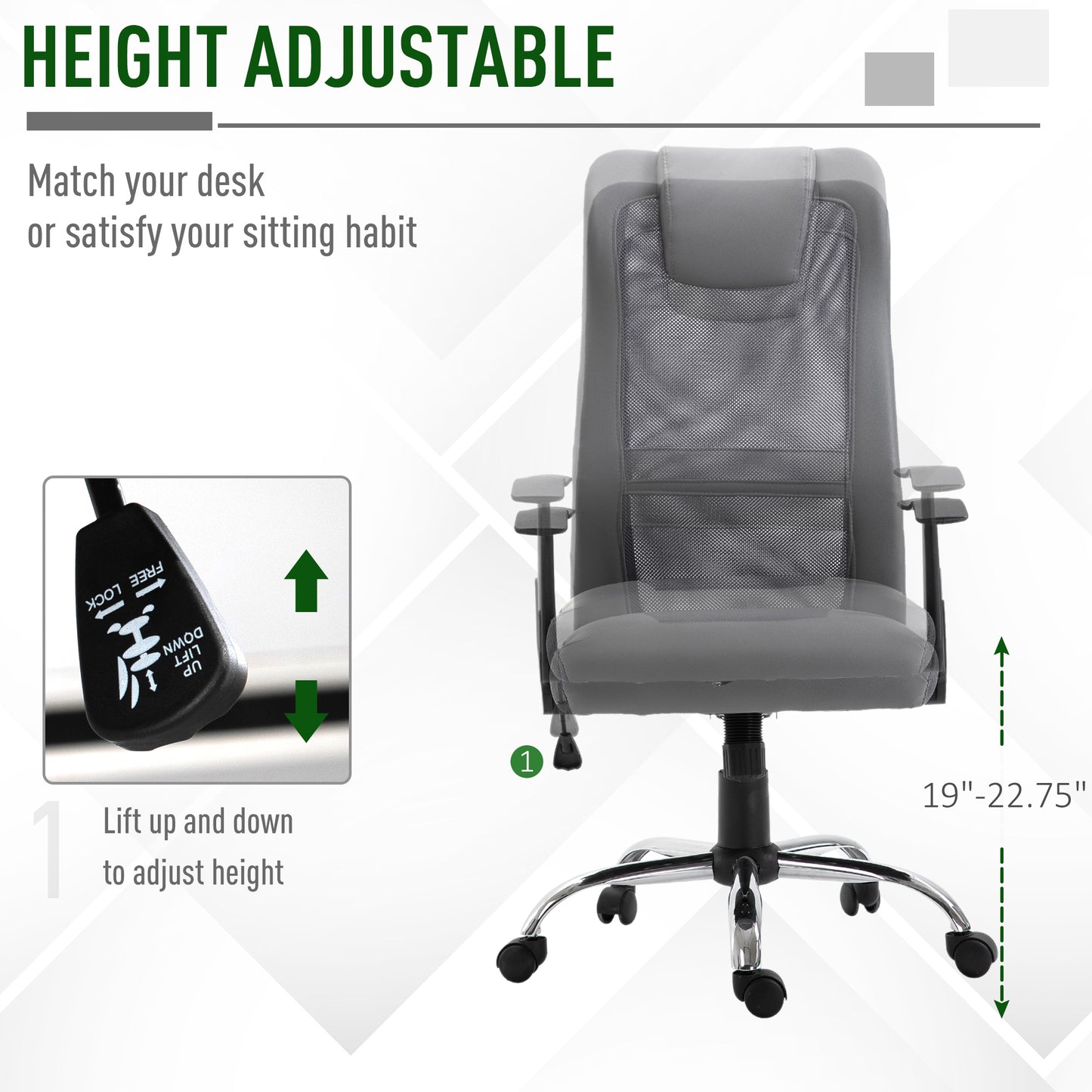 Office Chair High Back Mesh Ergonomic Computer Desk Seat Thick Padded Headrest with Armrest Office Grey