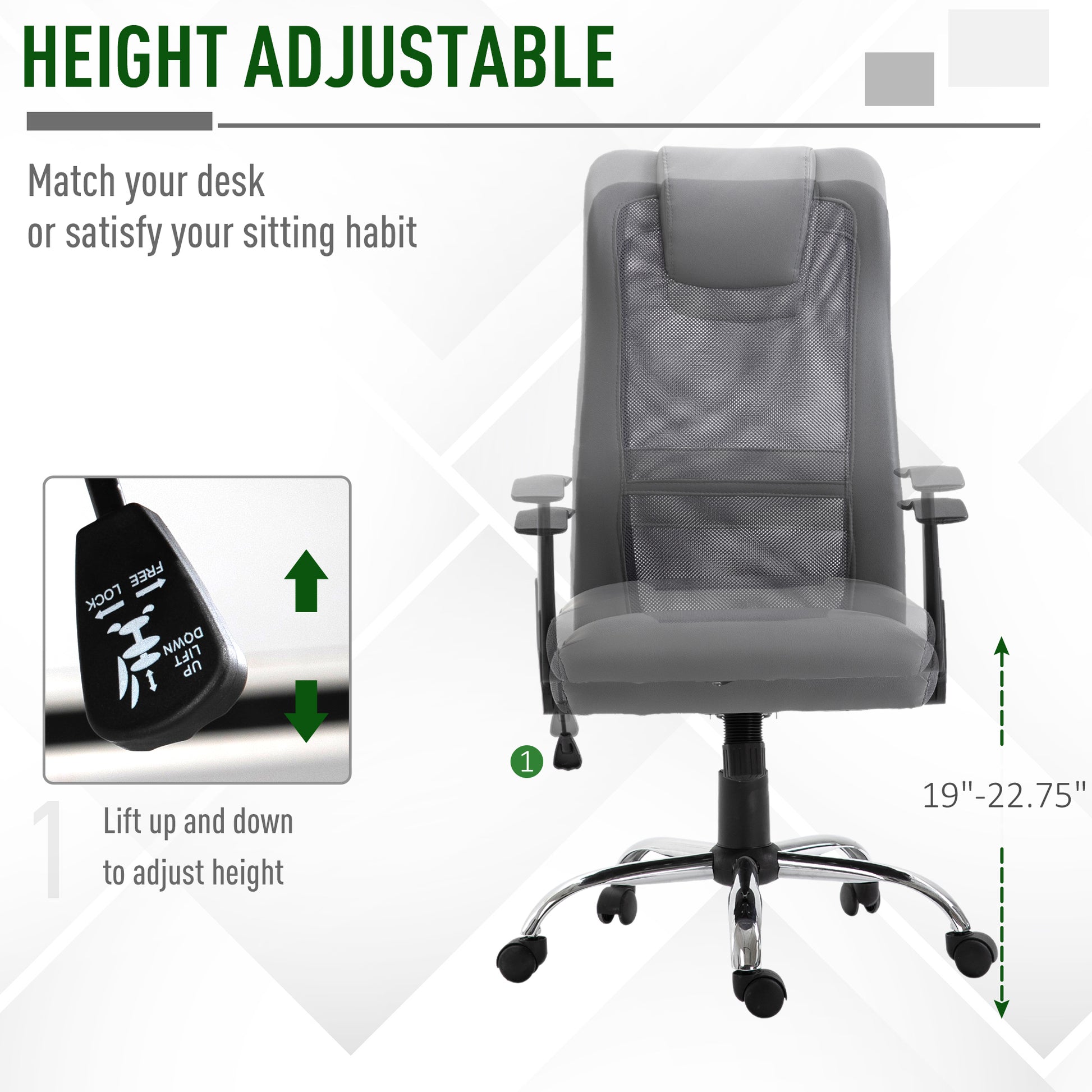 Office Chair High Back Mesh Ergonomic Computer Desk Seat Thick Padded Headrest with Armrest Office Grey