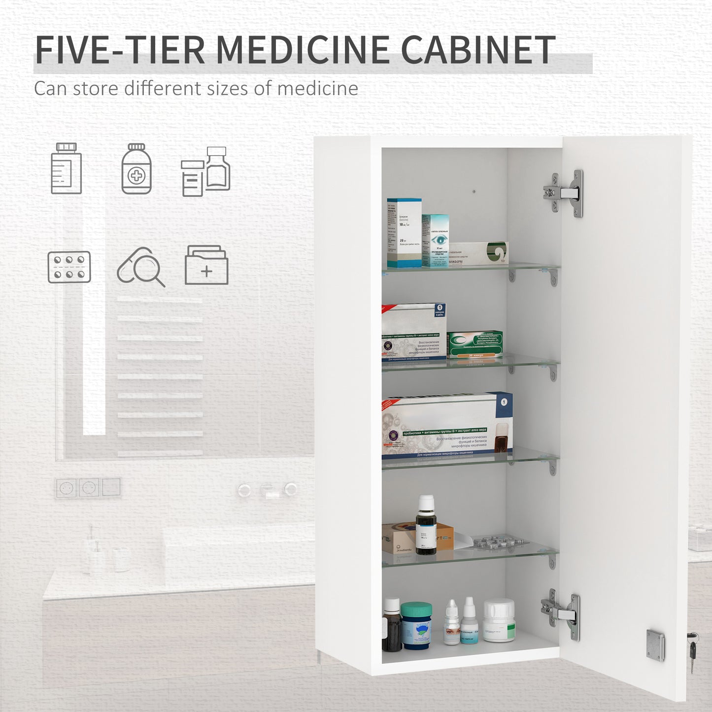 Wall Mount Medicine Cabinet, 5-tier Lockable Bathroom Cabinet with 2 Keys and Adjustable Shelves, White