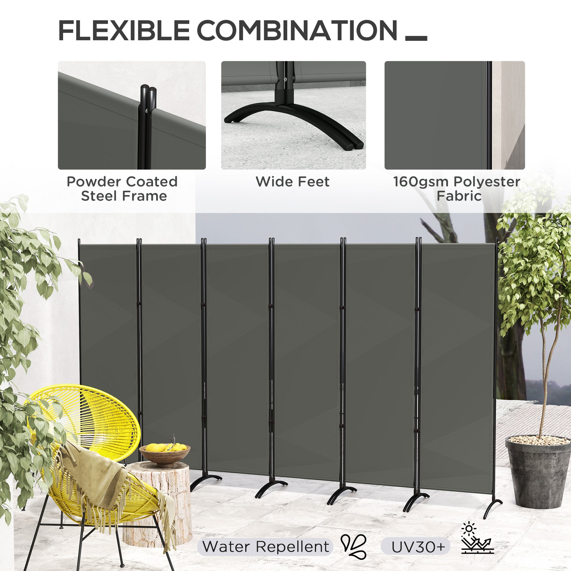 6 Panel Folding Room Divider, UV30+ Privacy Screen, Indoor Outdoor Privacy Panel with Stable Base, Dark Grey