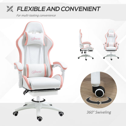 Computer Gaming Chair, PU Leather Office Desk Chair with Footrest, Swivel Wheels, 135° Reclining Back, White