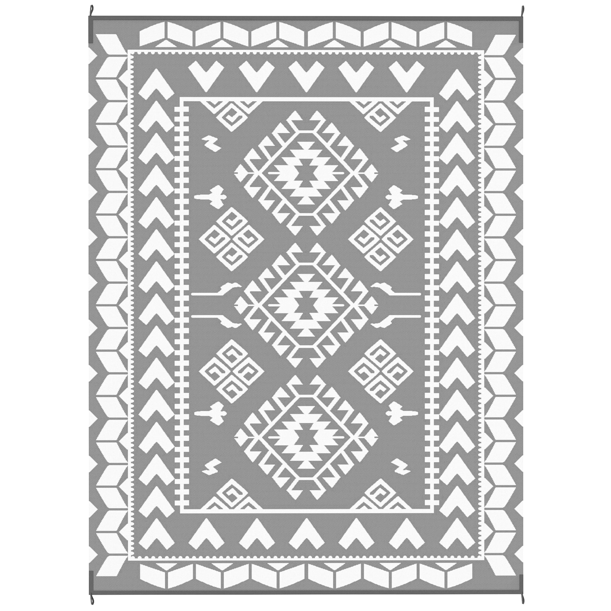9' x 12' Outdoor RV Rug, Reversible Patio Floor Mat with Carry Bag, Rhombus Patchwork, Grey and White