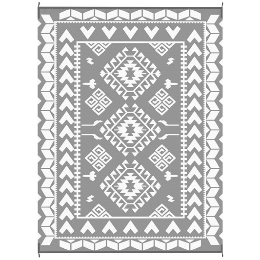 9' x 12' Outdoor RV Rug, Reversible Patio Floor Mat with Carry Bag, Rhombus Patchwork, Grey and White
