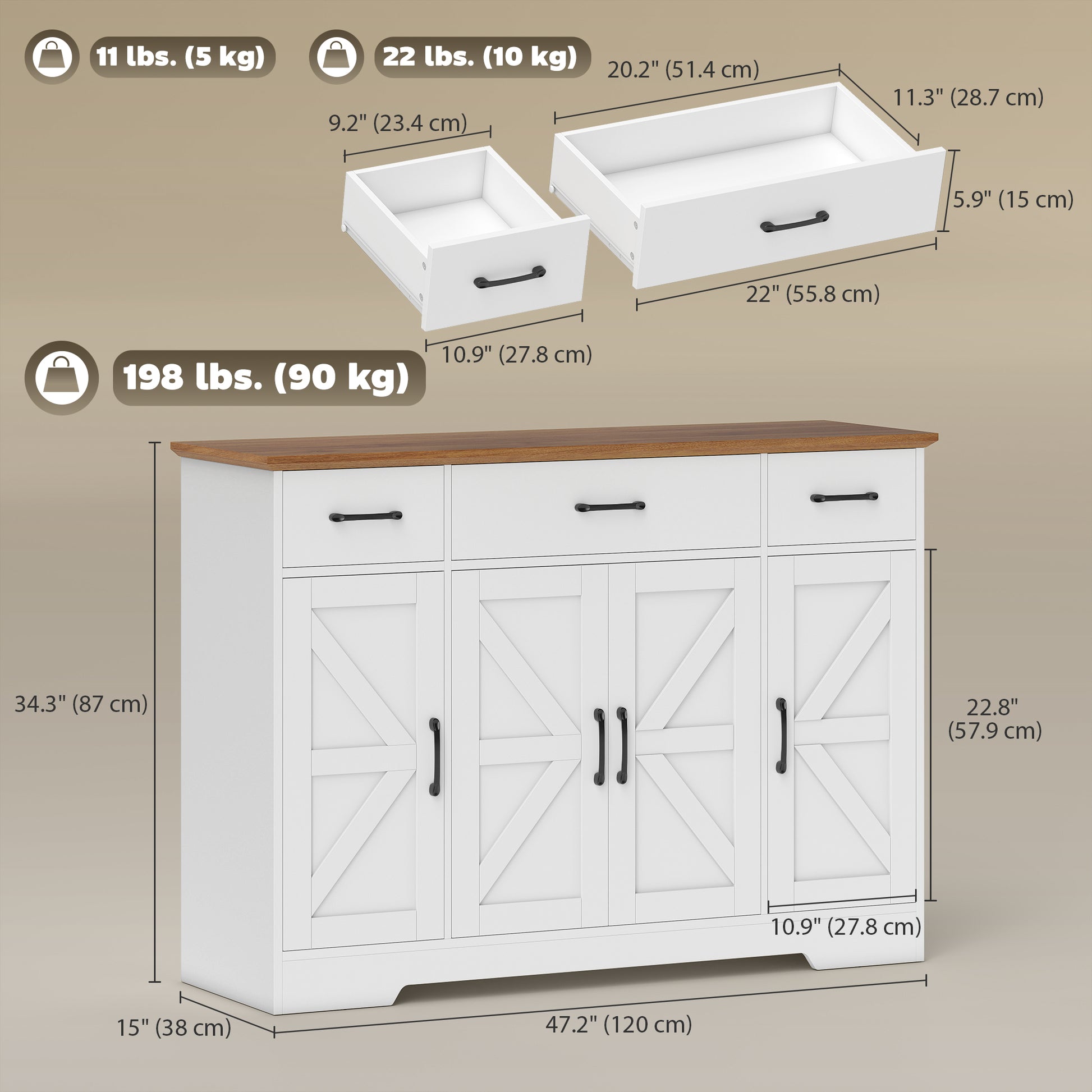 47" Buffet Cabinet with Soft-Close Hinges, Farmhouse Sideboard with 3 Drawers, Adjustable Shelves and Spice Racks, White