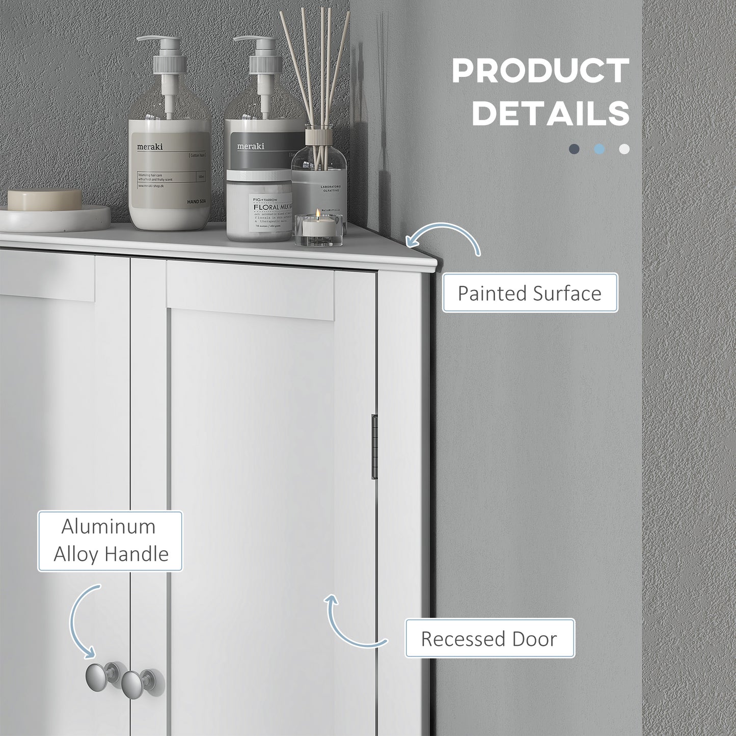 Modern Bathroom Storage Cabinet, Corner Cabinet with Doors, Bathroom Cabinet with Adjustable Shelf and Recessed Door, Wh