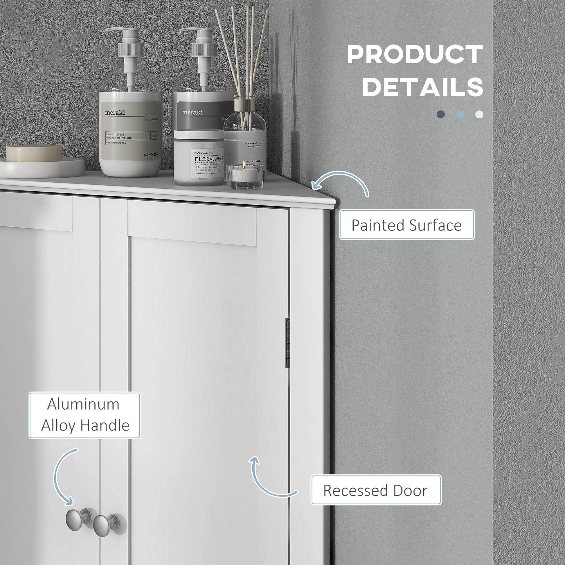 Modern Bathroom Storage Cabinet, Corner Cabinet with Doors, Bathroom Cabinet with Adjustable Shelf and Recessed Door, Wh