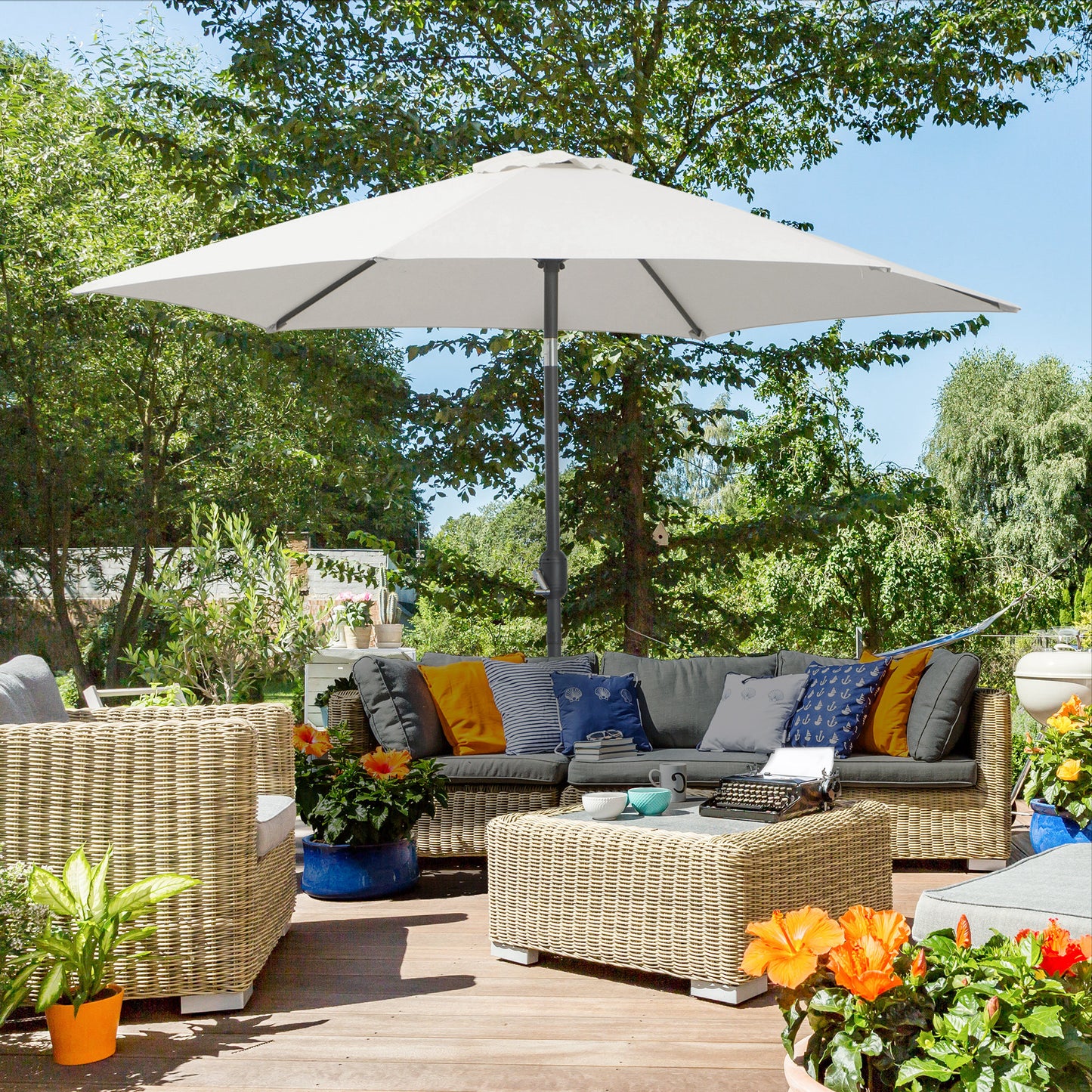 8.5' Round Aluminum Patio Umbrella 6 Ribs Market Sunshade Tilt Canopy w/ Crank Handle Garden Parasol Cream White