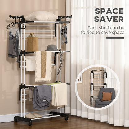 Foldable Clothes Drying Rack, 4-Tier Steel Laundry Rack for Drying Clothes with 2 Side Wings and 4 Castors, Indoor and O