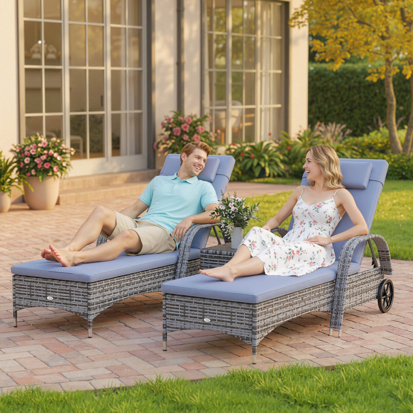 3 Pieces Wicker Patio Lounger Set with Table, PE Rattan Outdoor Lounge Chair Set with Cushions, Wheels, 5-Level Reclinin