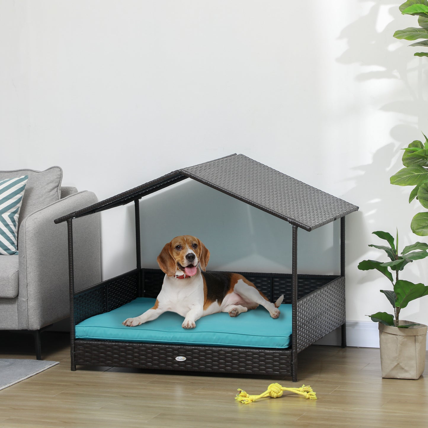 Rattan Dog House with Canopy, Wicker Dog Bed with Water-Resistant Cushion, for Small and Medium Breeds Blue