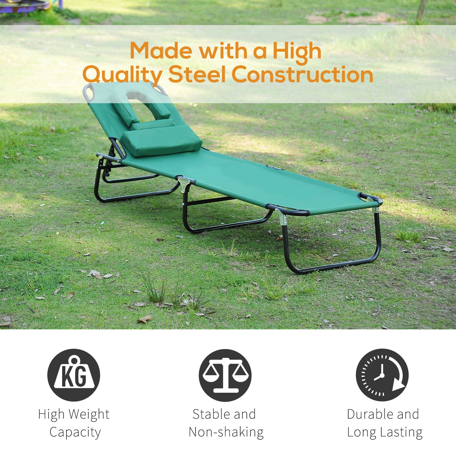 Folding Outdoor Lounge Chair, Portable Reclining Beach Lounger with Face Hole, Detachable Pillow, 3-Position Adjustable 