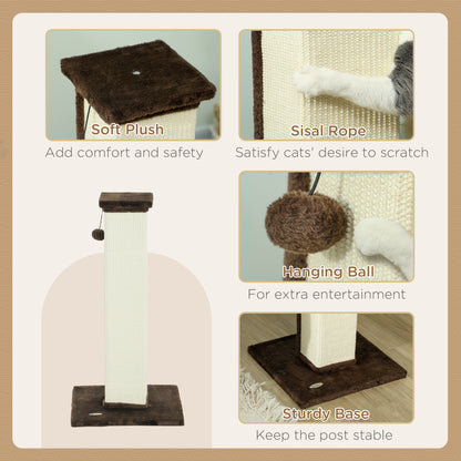 32" Tall Cat Scratching Post for Indoor Cats and Kittens, Sisal Cat Scratcher with Hanging Ball Soft Plush, Brown