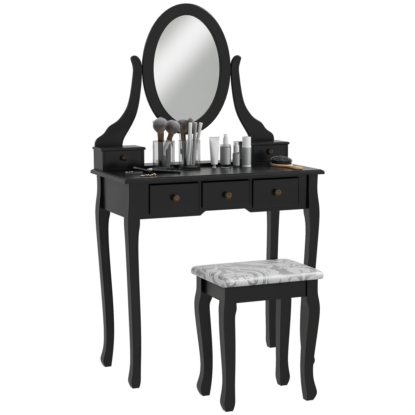 Vanity Desk with Stool, Makeup Vanity with 360° Rotating Oval Mirror, 5 Drawers and Padded Seat, Dressing Table for Bedr