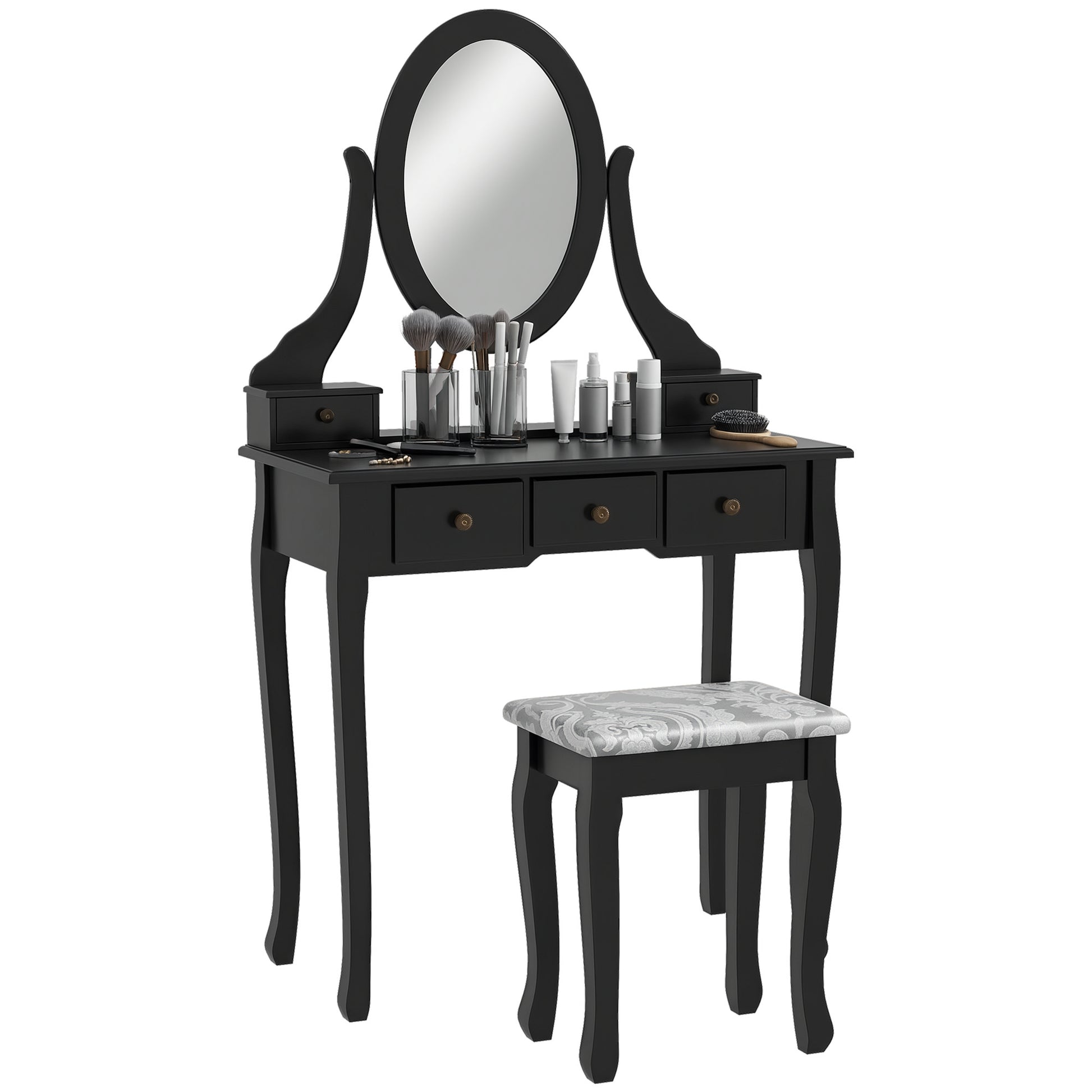 Vanity Desk with Stool, Makeup Vanity with 360° Rotating Oval Mirror, 5 Drawers and Padded Seat, Dressing Table for Bedr