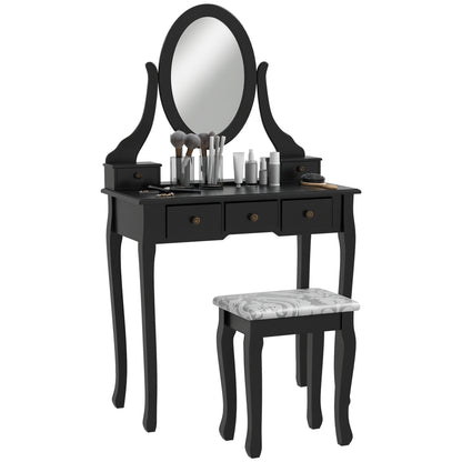 Vanity Desk with Stool, Makeup Vanity with 360° Rotating Oval Mirror, 5 Drawers and Padded Seat, Dressing Table for Bedr