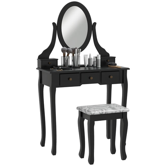 Vanity Desk with Stool, Makeup Vanity with 360° Rotating Oval Mirror, 5 Drawers and Padded Seat, Dressing Table for Bedr