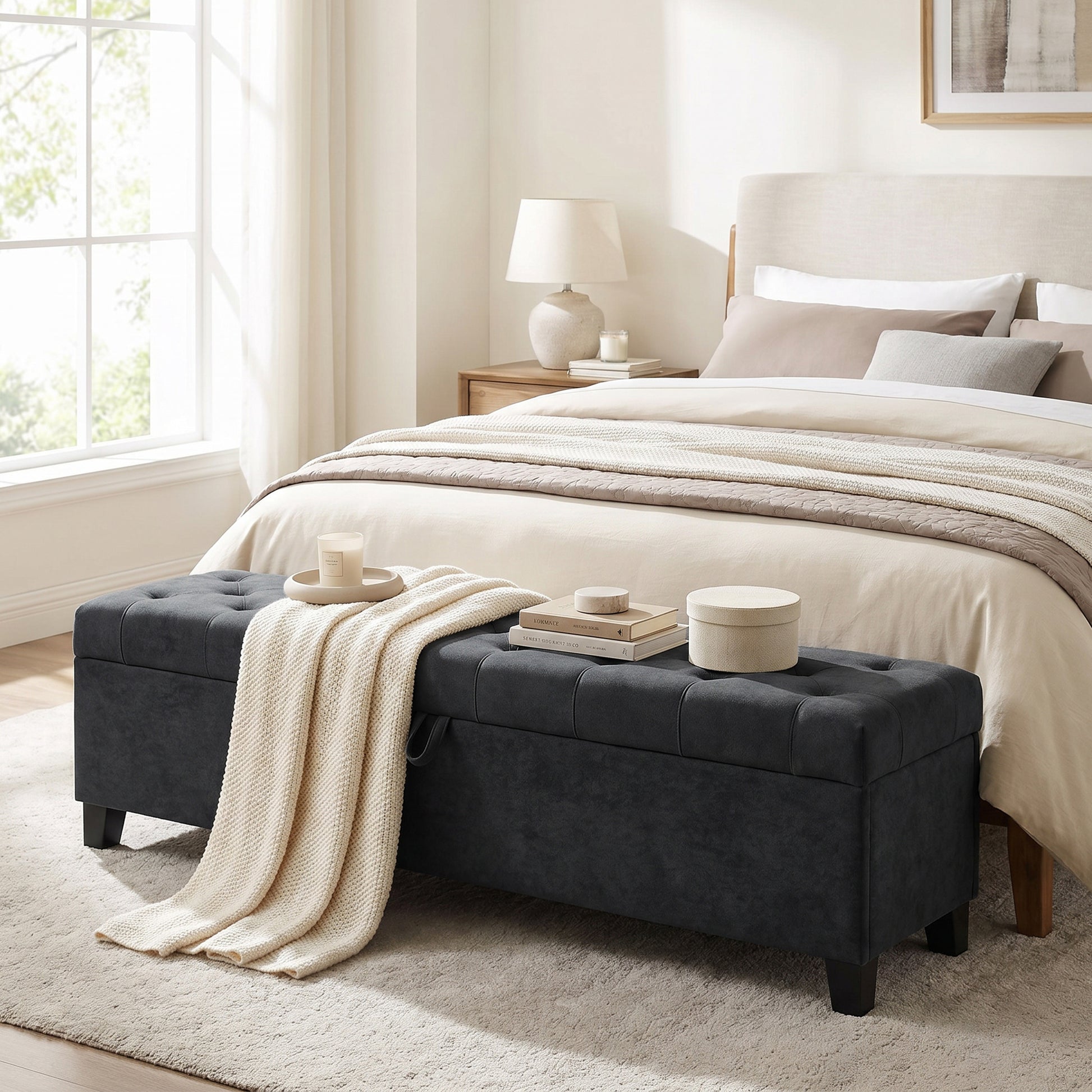 Storage Ottoman Bench, 63" End of Bed Bench for Queen/King Bed, Living Room, Bedroom, Entryway, Dark Grey