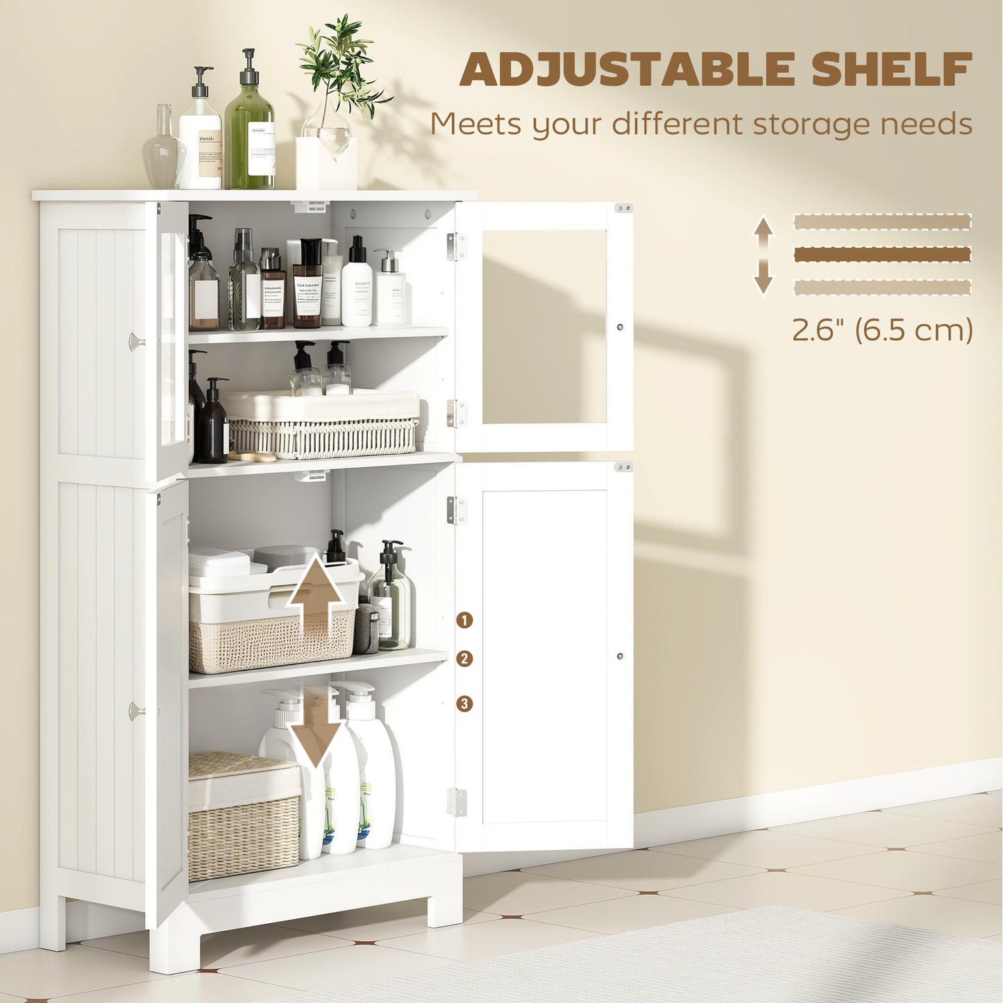 Bathroom Floor Storage Cabinet with Tempered Glass Doors and Adjustable Shelf, Kitchen Cupboard, Free Standing Organizer