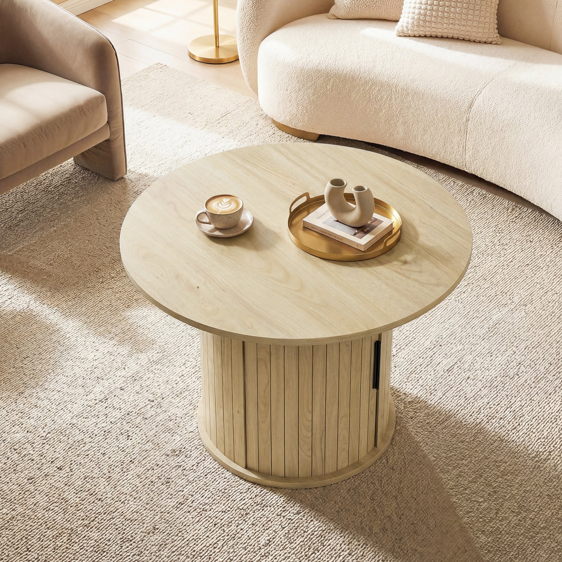 Round Coffee Table, 31.5" Center Table, Natural Wood