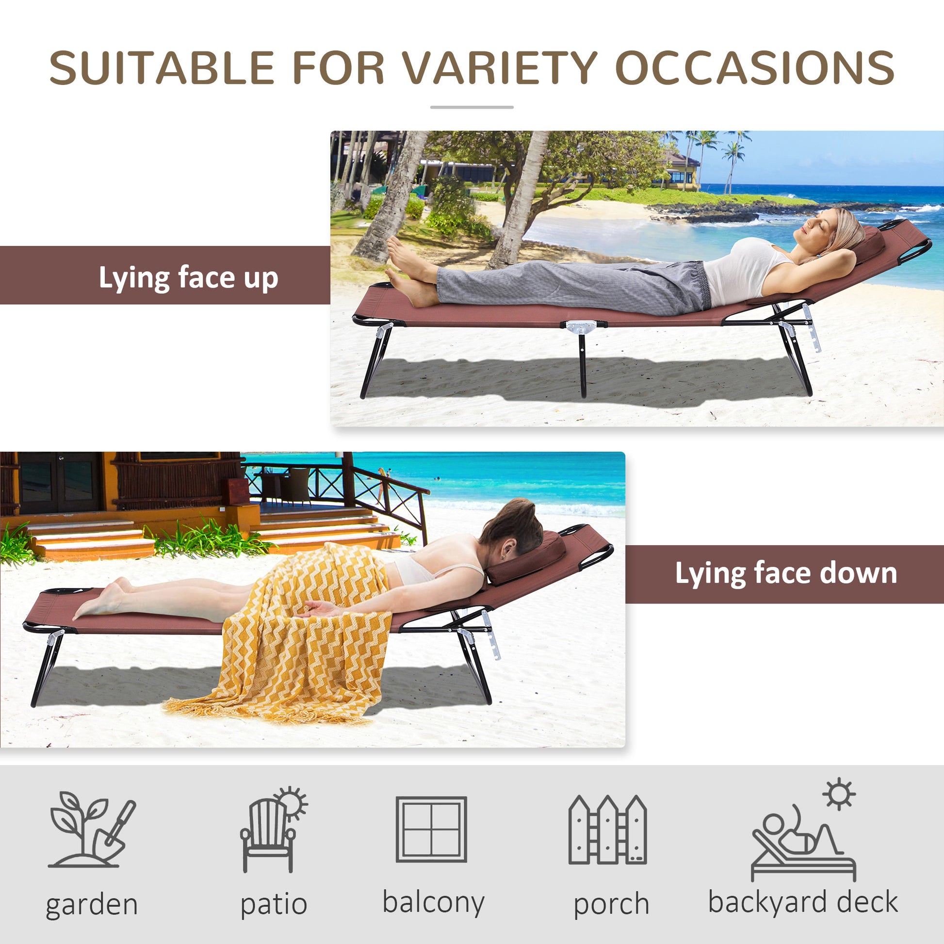 Folding Chaise Lounge Chair, Reclining Beach Tanning Chair with Face Hole, Pillow, 4-Position Adjustable Lay Flat Sun Lo