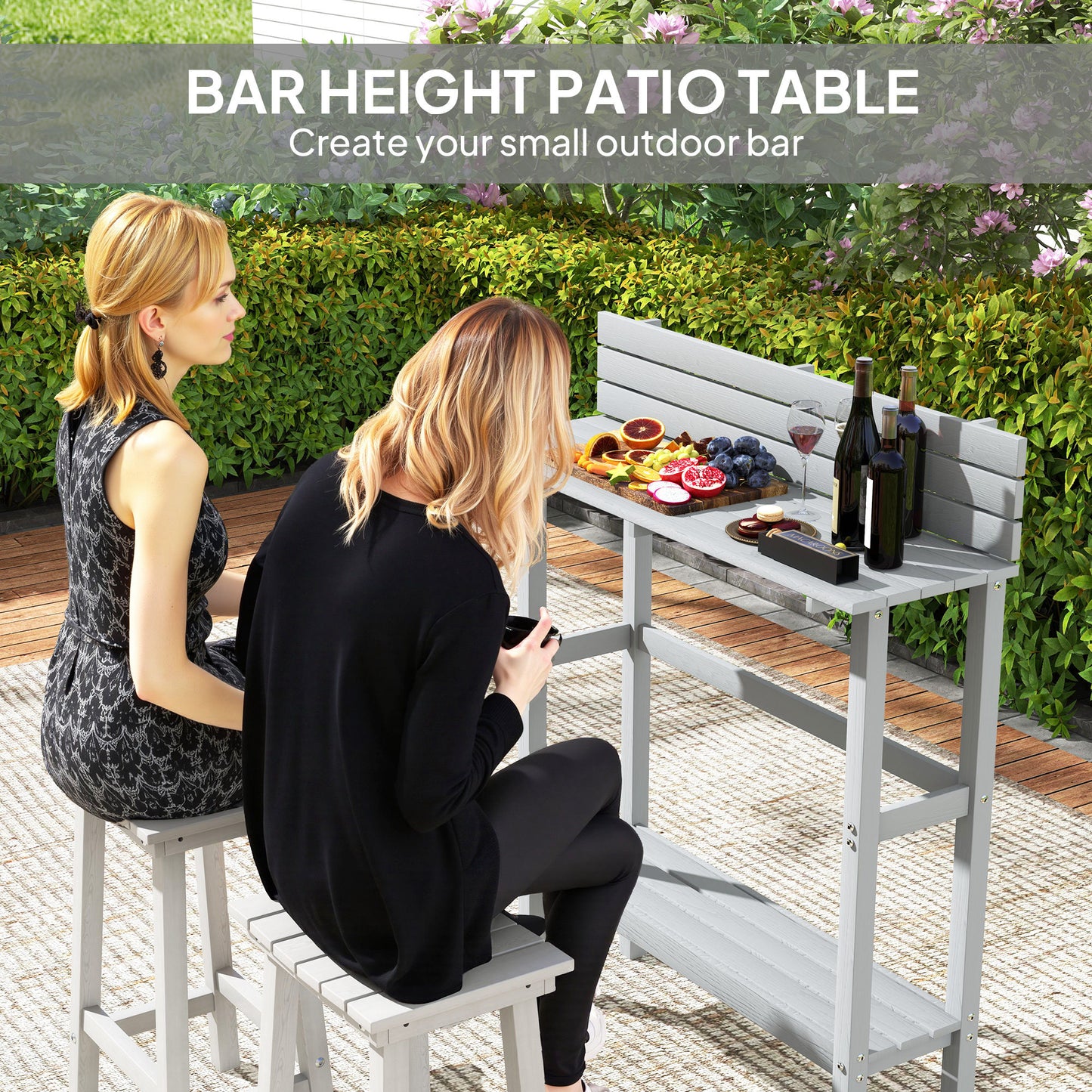 110cm Rectangle Outdoor Bar Table with Built-in Footrest, Slatted Top, Grey