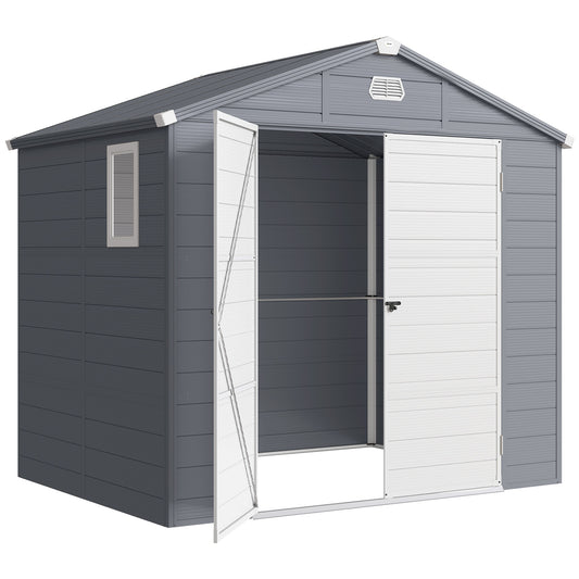 8' x 6' Plastic Garden Storage Shed with Latch Door, Vents, Sloped Roof, Dark Grey