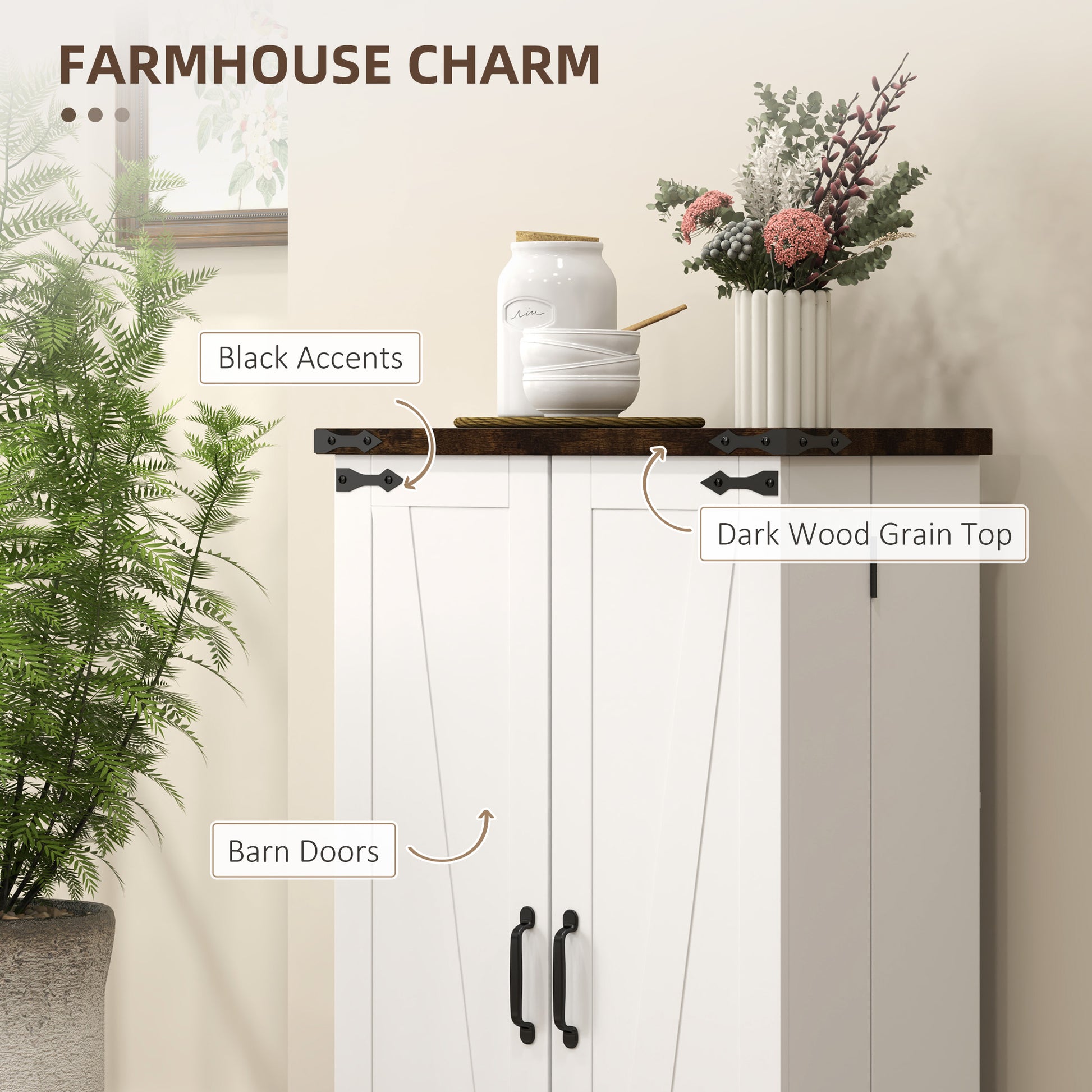 Kitchen Pantry Cabinet with 4-tier Shelving, 6 Spice Racks, Farmhouse Storage Cabinet with Adjustable Shelves, Easy Clea