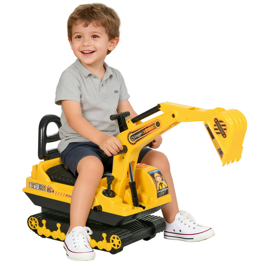 Qaba Kids Ride-on Excavator with Digger, Pretend Play Construction Truck with Under Seat Storage, Realistic Sound, Tread