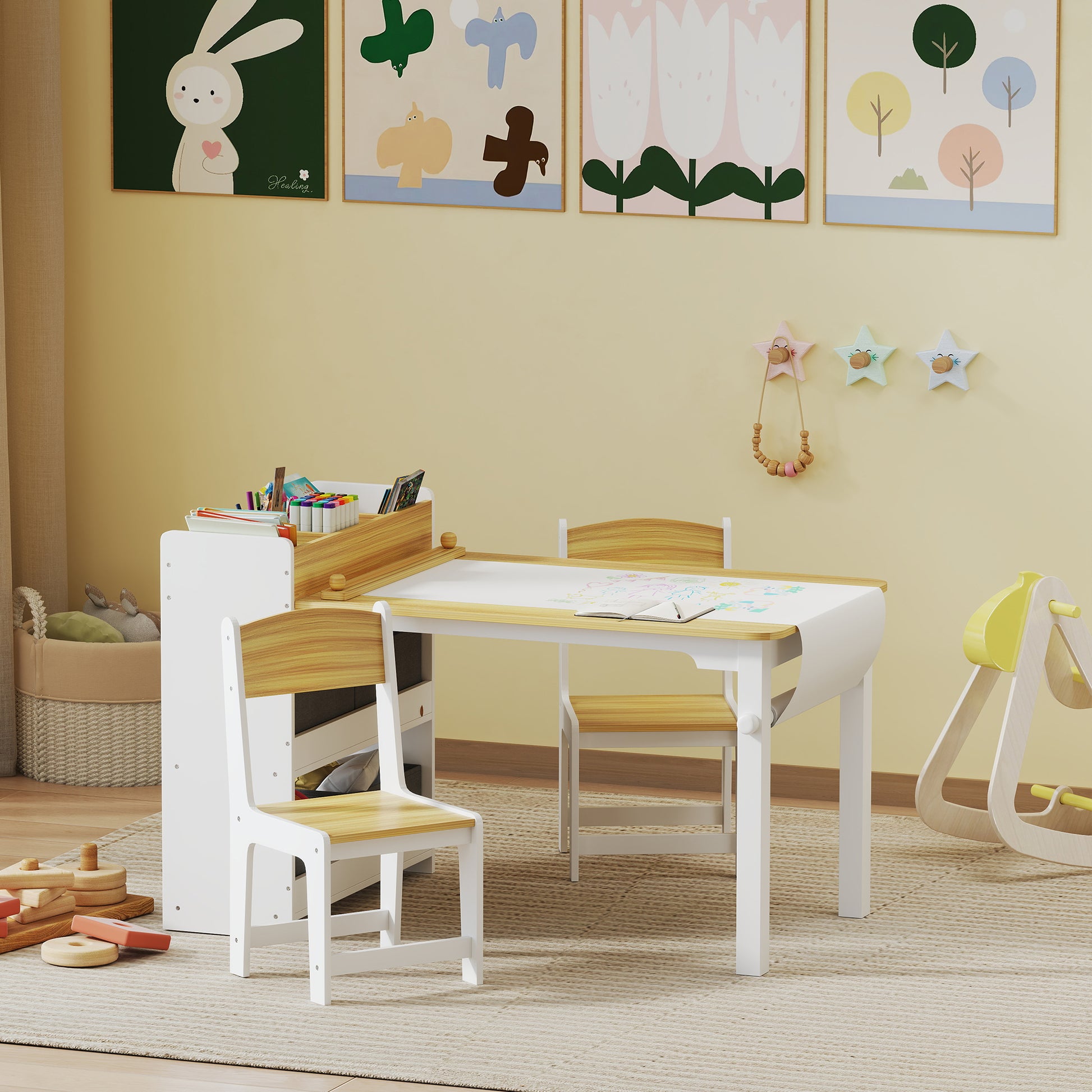 Qaba Kids Table and Chairs Set, Toddler Art Table and Chair Set with Paper Roll, Storage Shelves and Drawers, Natural Wo