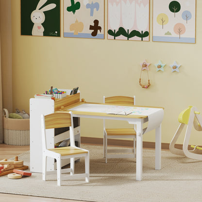 Qaba Kids Table and Chairs Set, Toddler Art Table and Chair Set with Paper Roll, Storage Shelves and Drawers, Natural Wo