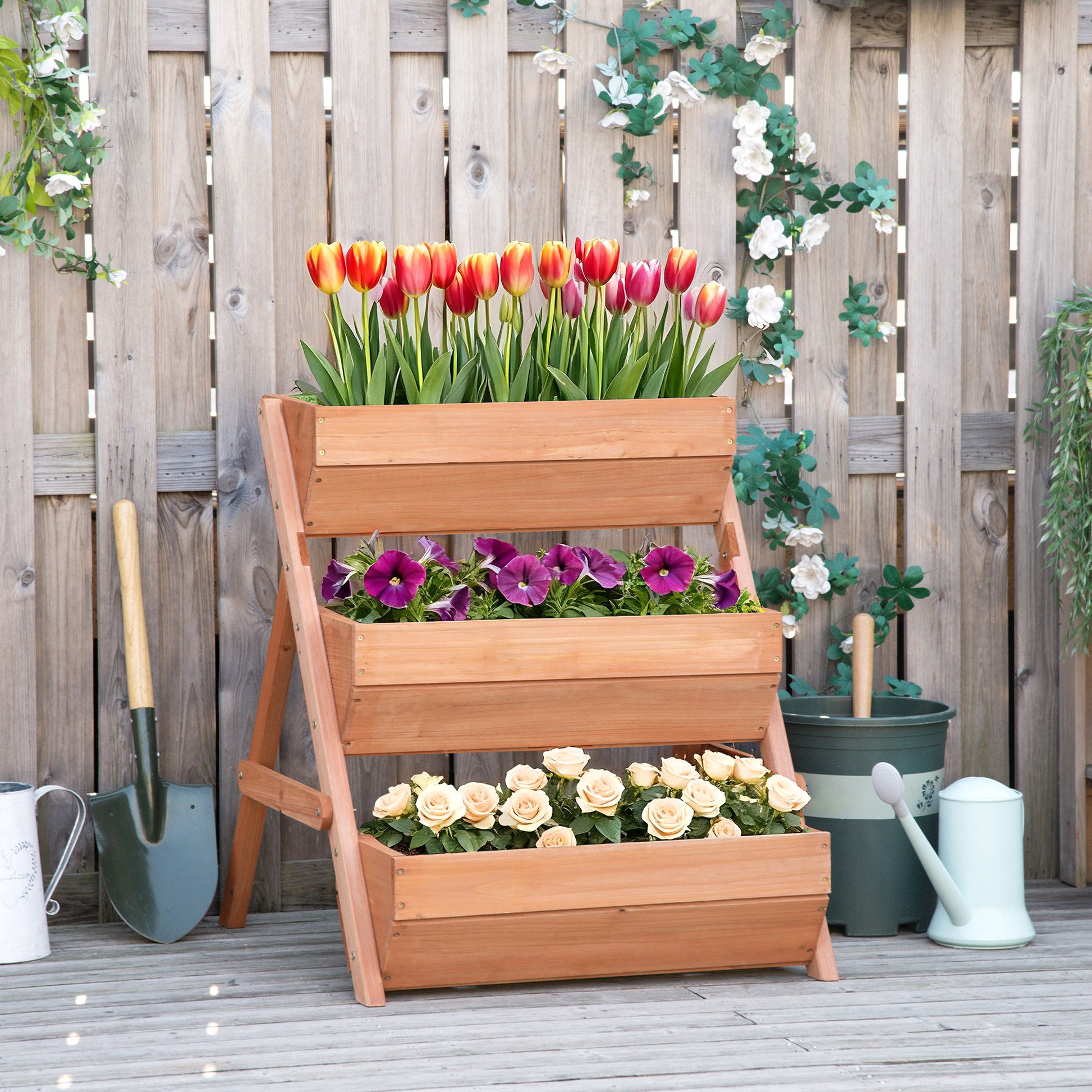 3 Tier Elevated Planter Box, Vertical Wooden Raised Garden Bed for Flowers, Vegetables, 26" x 30" x 30", Brown