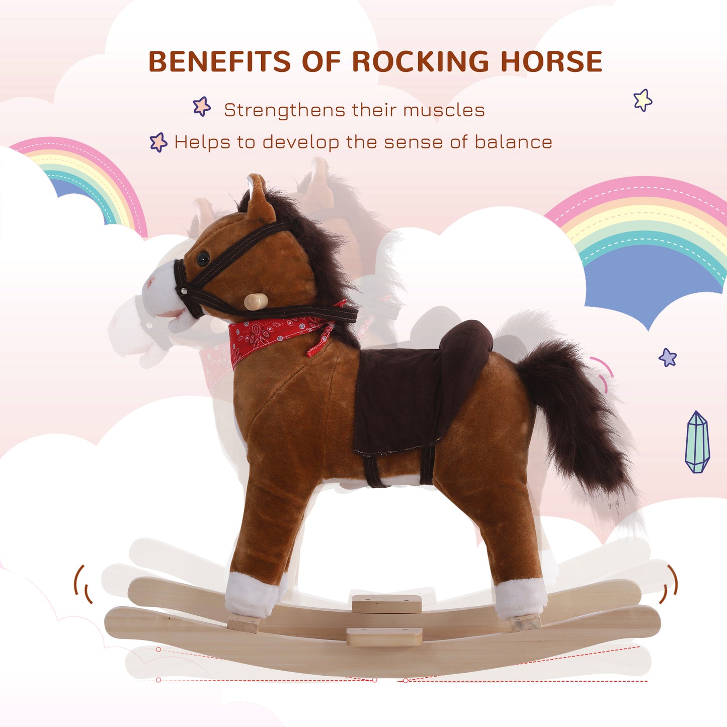 Qaba Kids Plush Rocking Horse Child Ride On Toy Rocker with Realistic Sounds Coffee