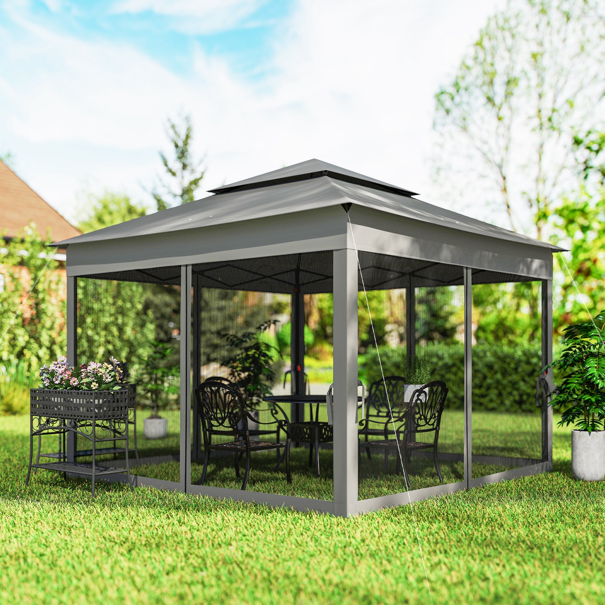 11' x 11' Pop Up Canopy 2-Tier Soft Top Shelter Event Tent w/ Netting Carry Bag for Patio Backyard Garden, Dark Grey