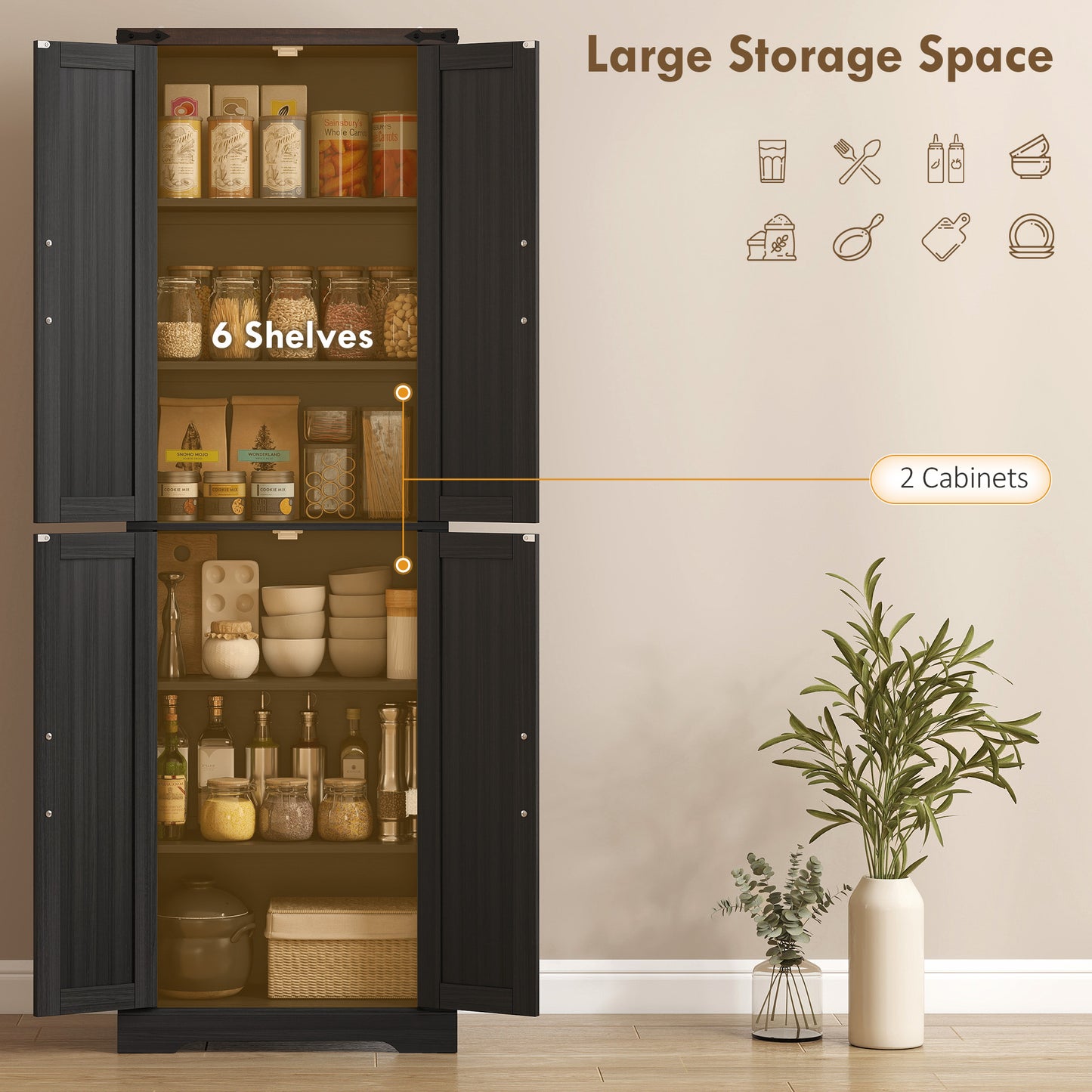 72" Pantry Cabinet, Farmhouse Freestanding Kitchen Storage Cabinet with Adjustable Shelves for Dining Room, Black