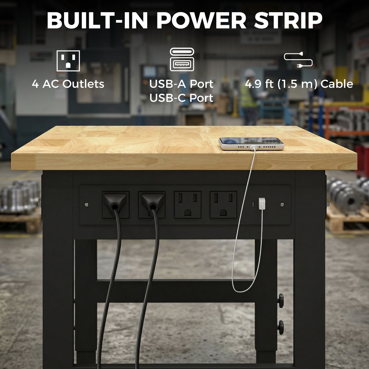 48" Adjustable Workbench, Heavy Duty Work Table with Rubber Wood Top, Power Outlets, Pegboard, 2000 LBS Capacity