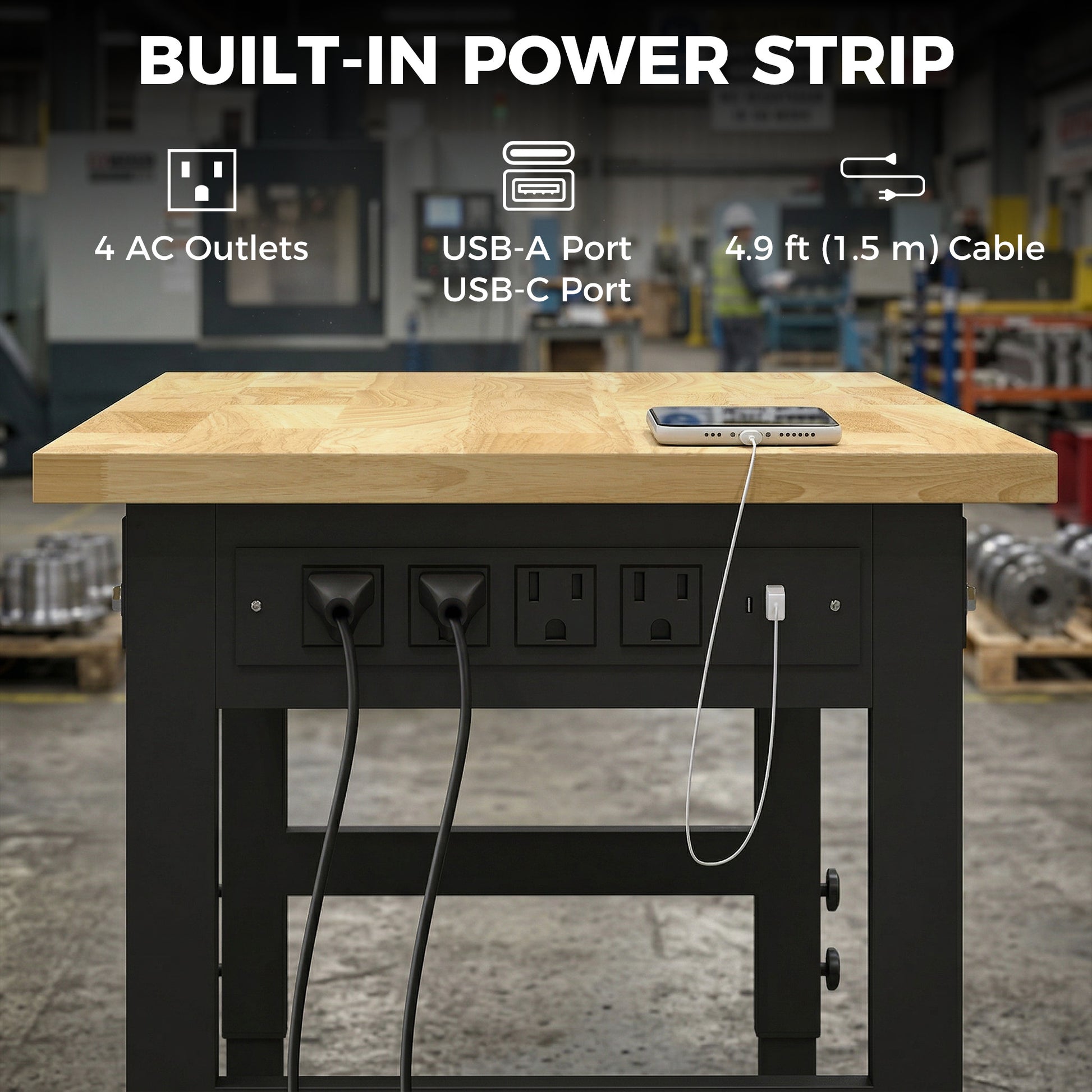 48" Adjustable Workbench, Heavy Duty Work Table with Rubber Wood Top, Power Outlets, Pegboard, 2000 LBS Capacity