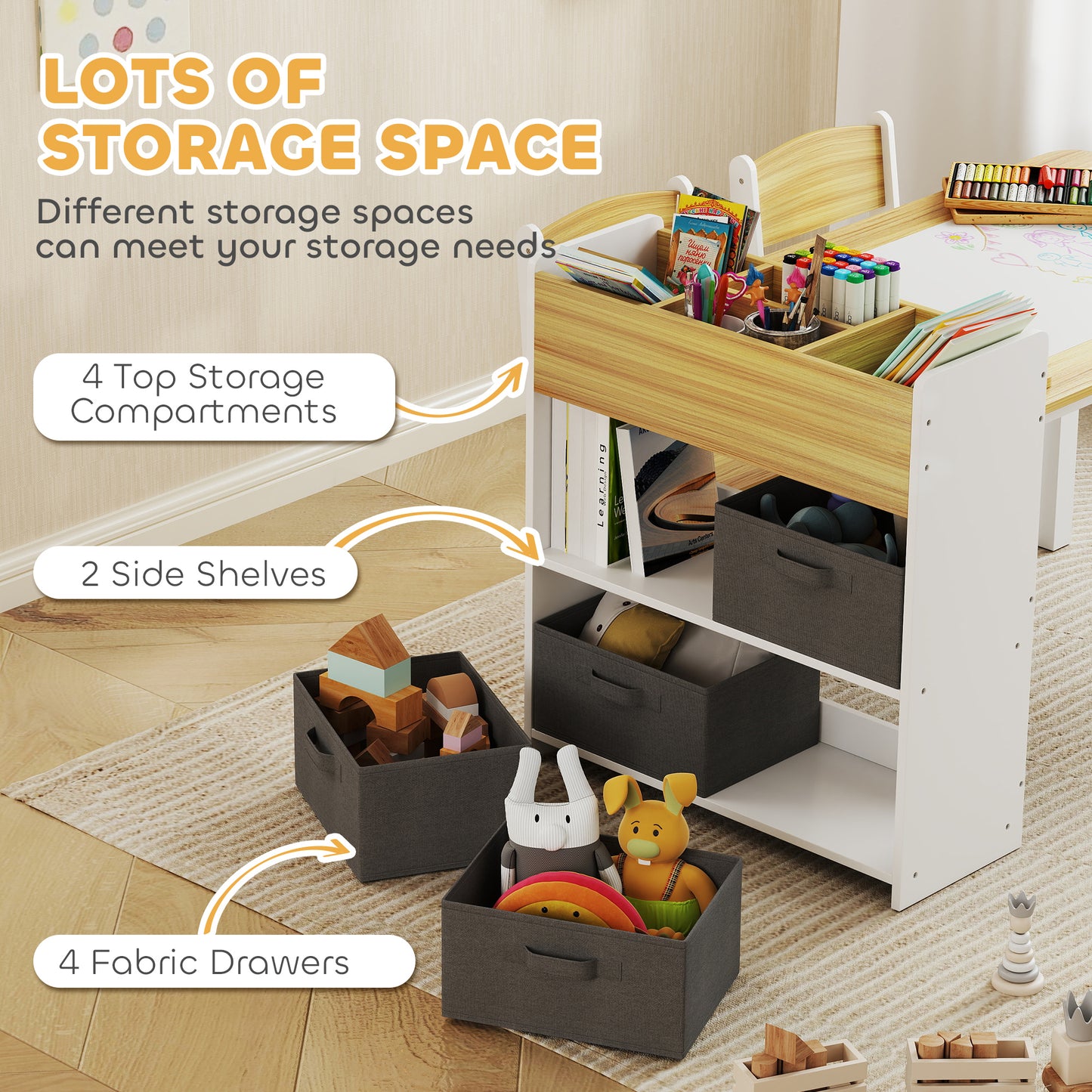 Qaba Kids Table and Chairs Set, Toddler Art Table and Chair Set with Paper Roll, Storage Shelves and Drawers, Natural Wo
