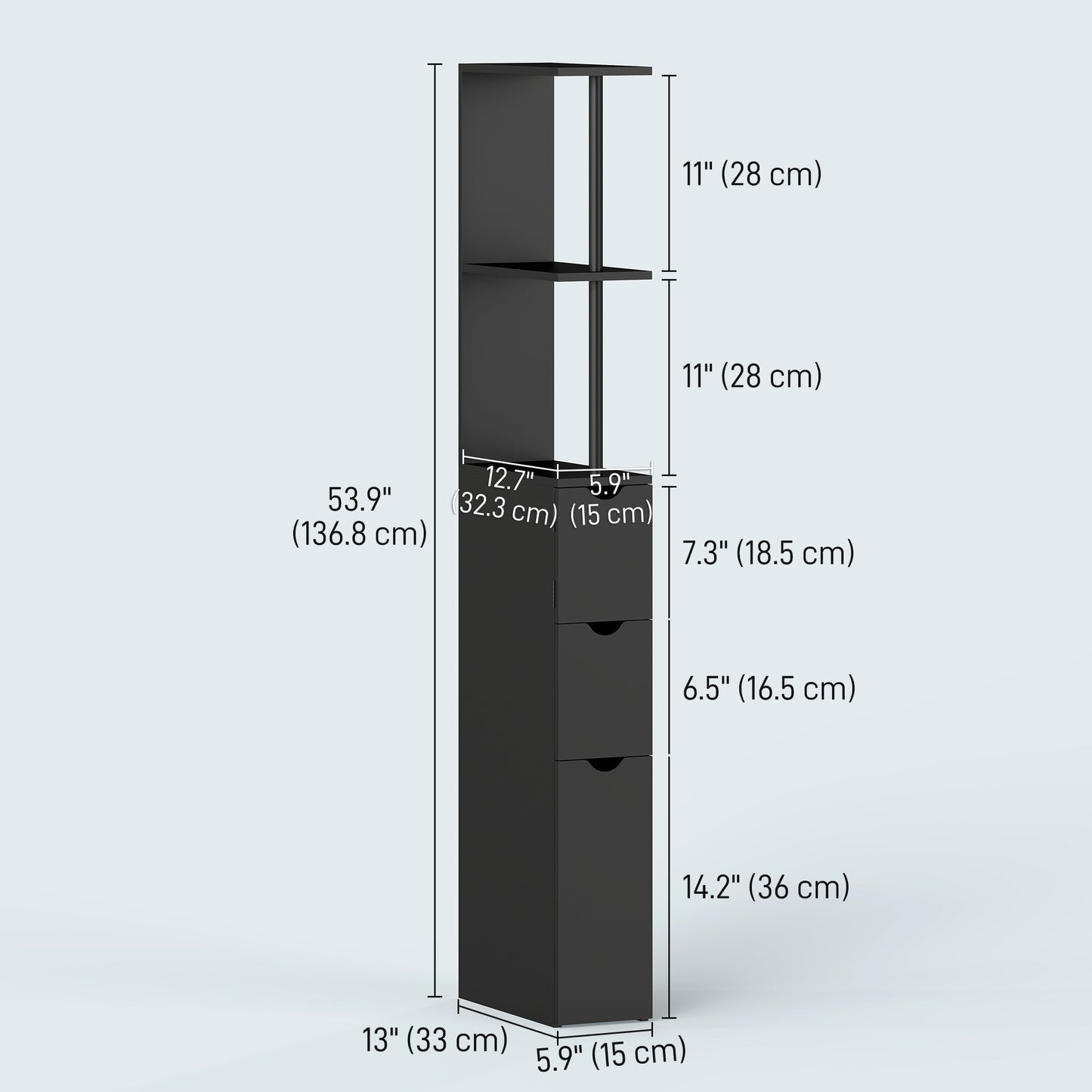 Tall Bathroom Storage Cabinet, Narrow Bathroom Cabinet with Drawers and Open Shelves for Small Spaces, Black