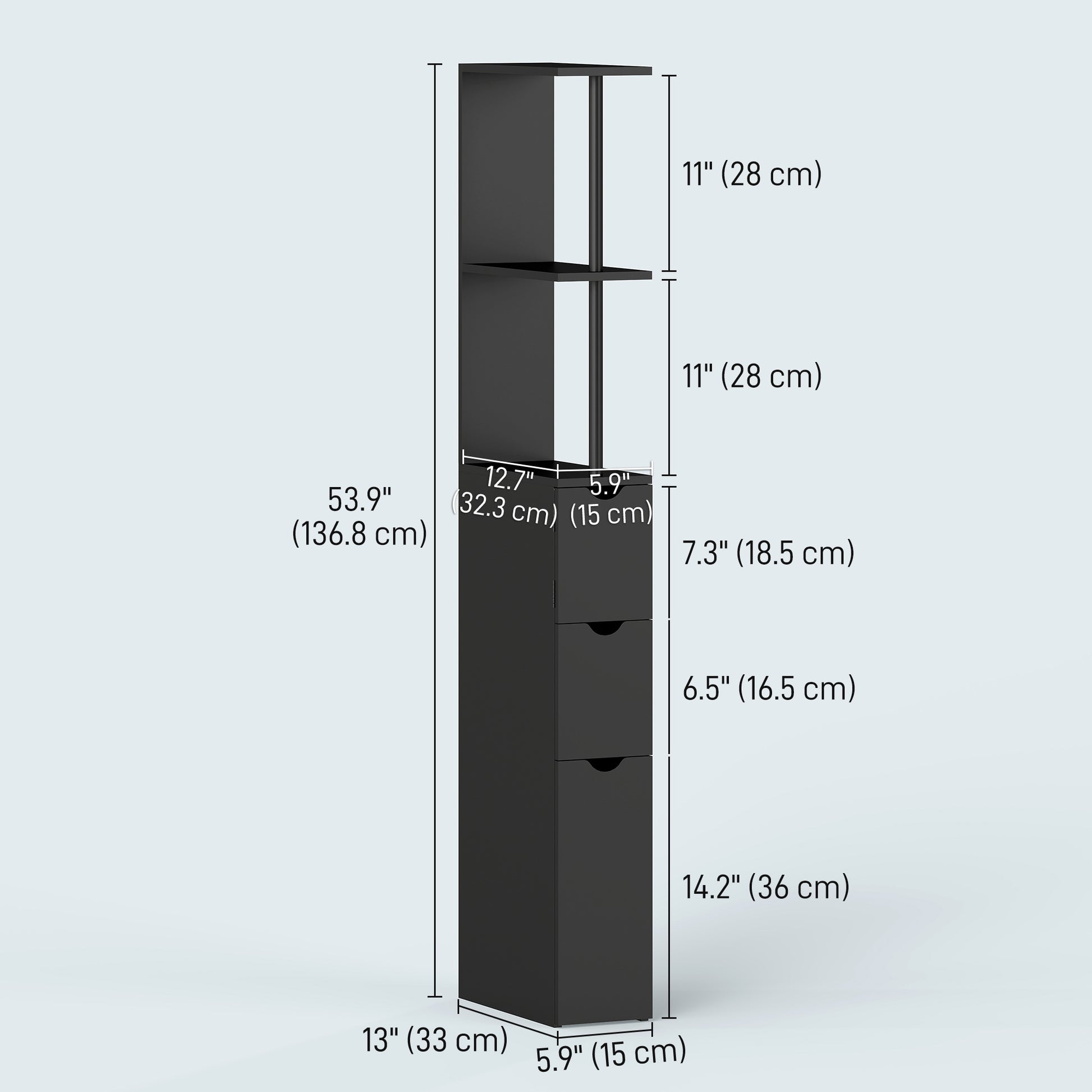 Tall Bathroom Storage Cabinet, Narrow Bathroom Cabinet with Drawers and Open Shelves for Small Spaces, Black