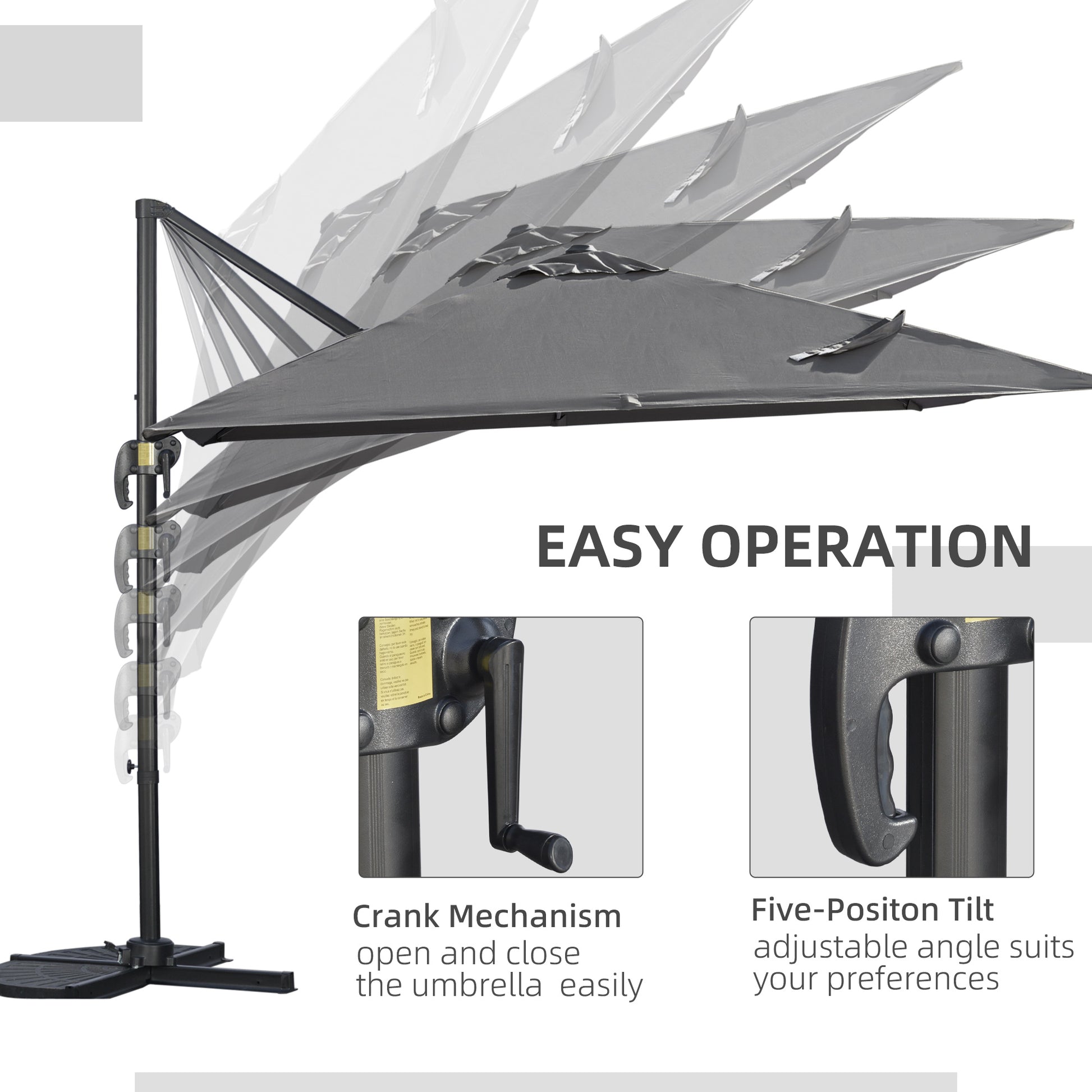 9ft Cantilever Patio Umbrella, Square Overhanging Umbrella with Cross Base, Crank Handle, Tilt, 360° Rotation and Alumin