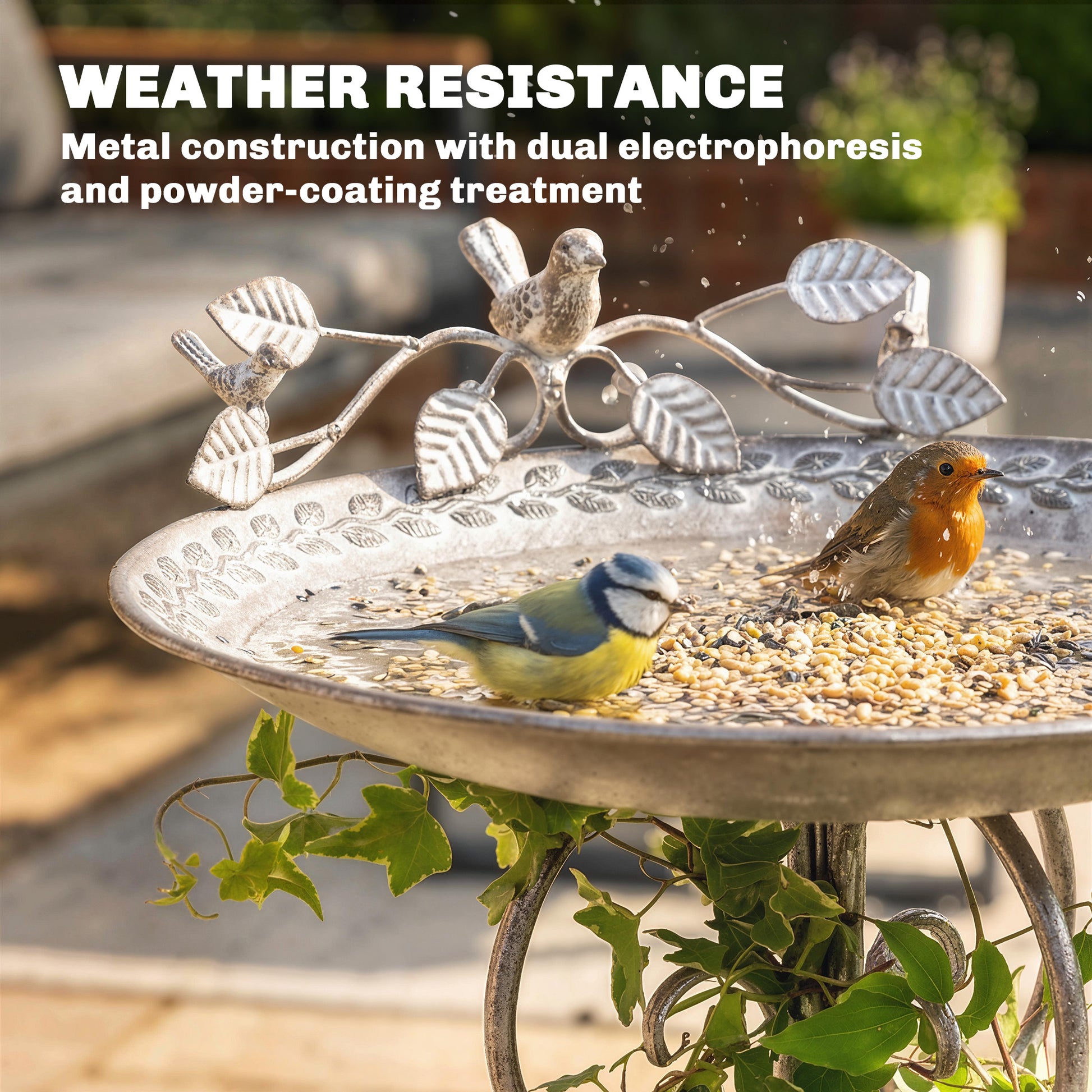 30" Tall Bird Bath with Bird Statues and Decorative Stand, Freestanding Vintage Garden BirdBath Bowl Pedestal, Brown