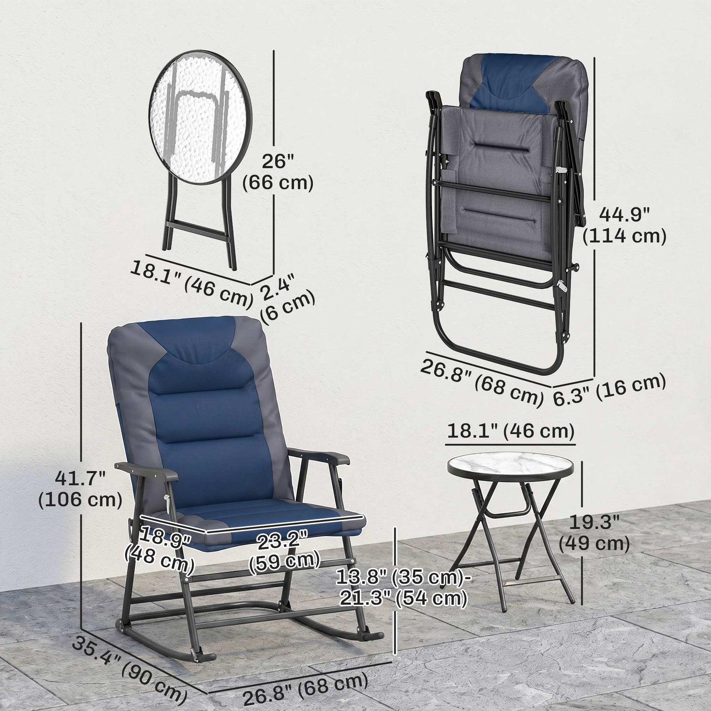 3pc Patio Foldable Rocking Chair Set, Outdoor Rocking Chairs and Table Bistro Set w/ Padded Seat, Headrest, Backrest for