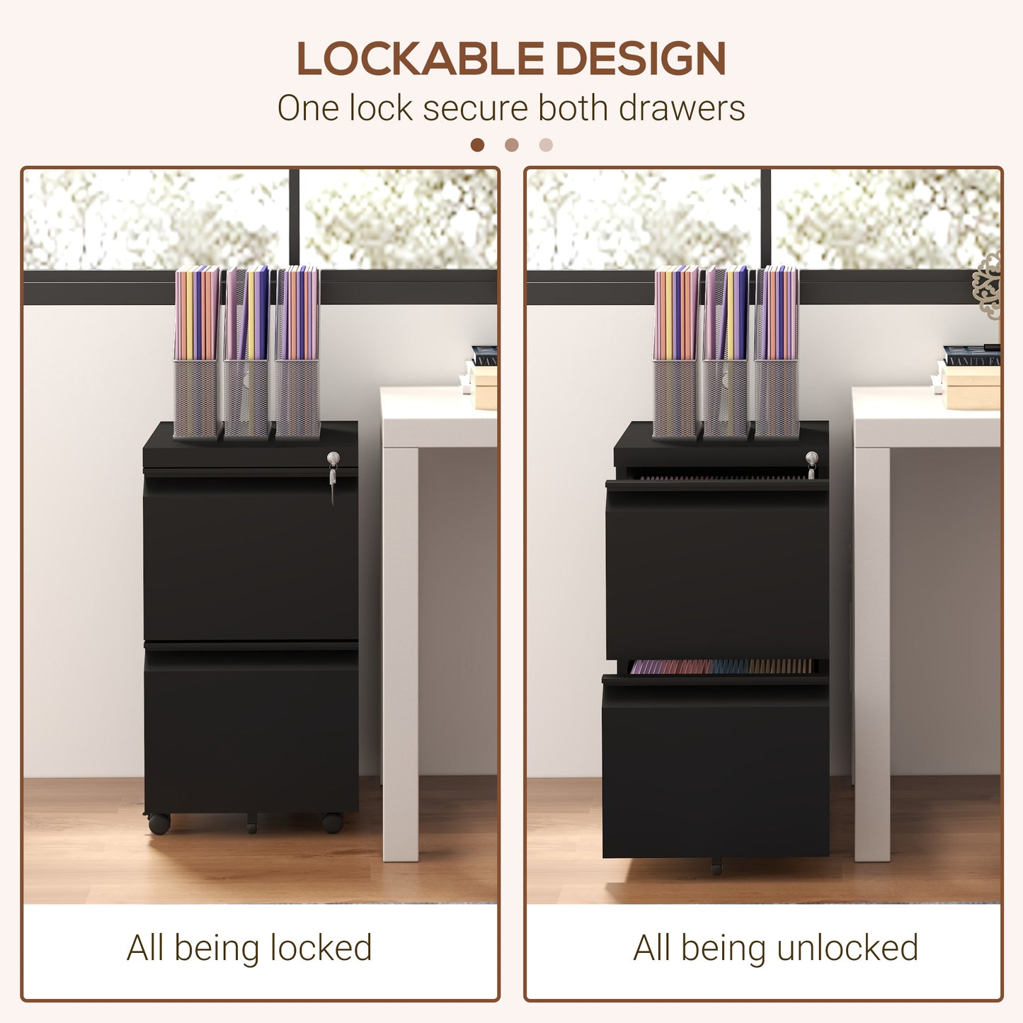 Mobile Vertical Filing Cabinet with Lock, 2-Drawer Steel File Cabinet with Adjustable Hanging Bar for Letter, A4 and Leg