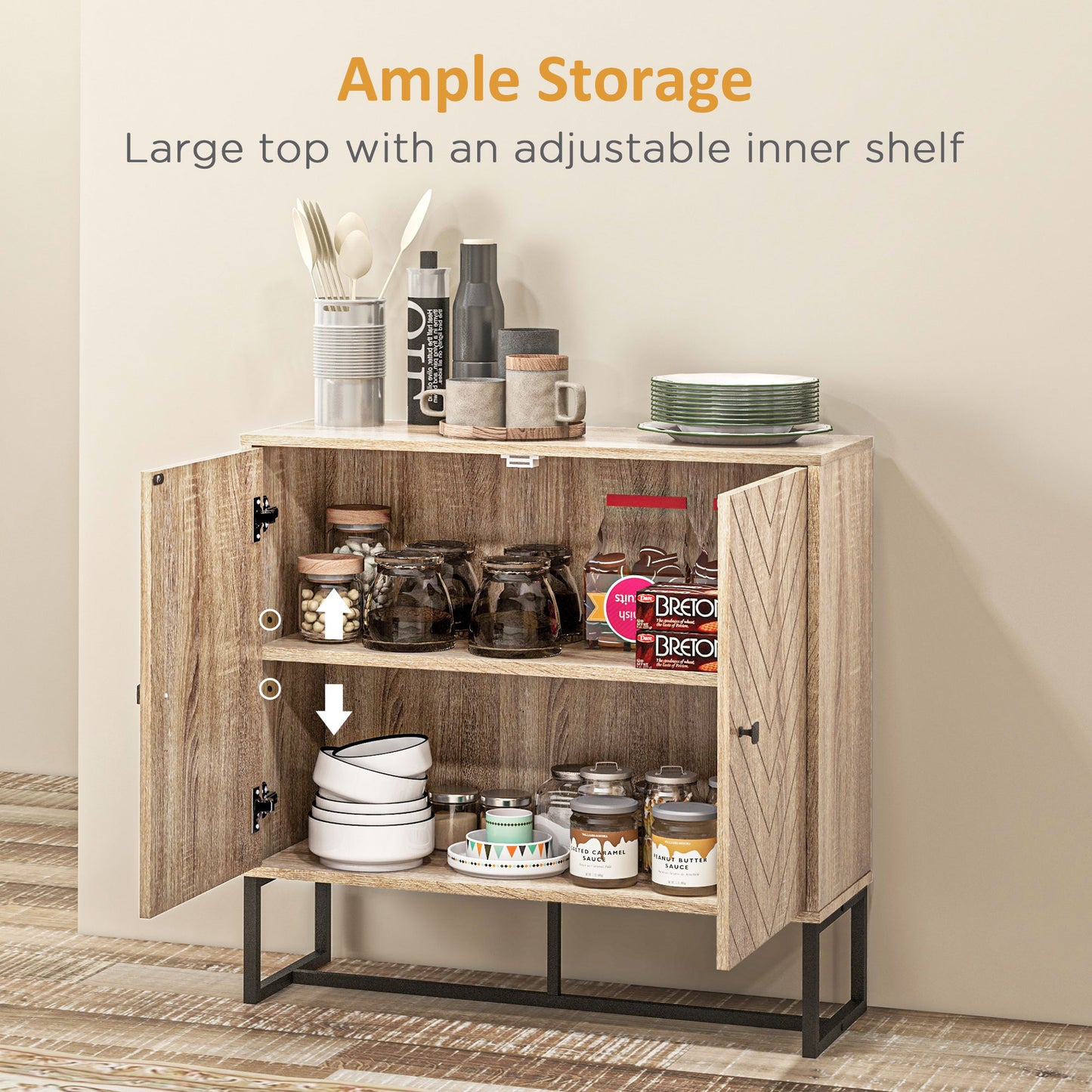Modern Sideboard, Buffet Cabinet with 2 Chevron Doors and Adjustable Shelf, Kitchen Storage Cabinet with Steel Base, Cof