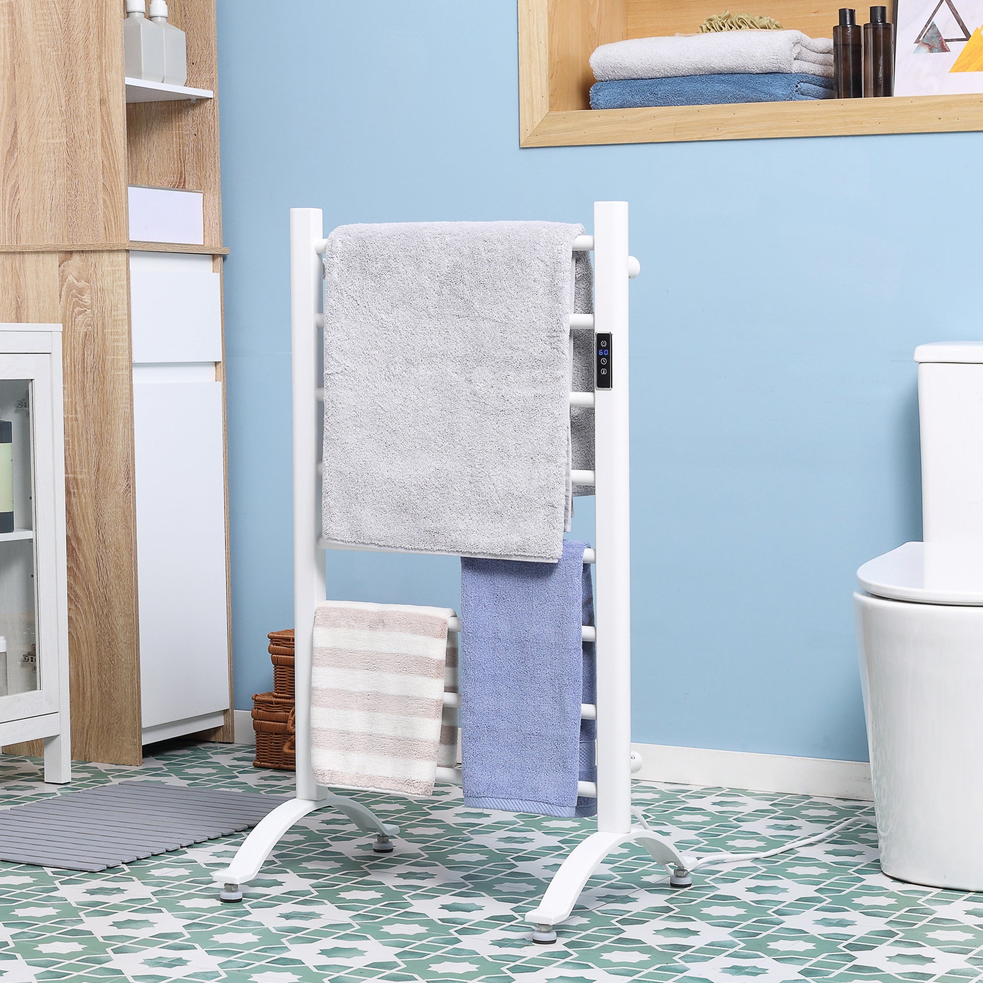 8-Bar Heated Towel Warmer Rack with Built-in Timer and LED Indicators, Wall Mounted & Free Standing Carbon Steel Electri