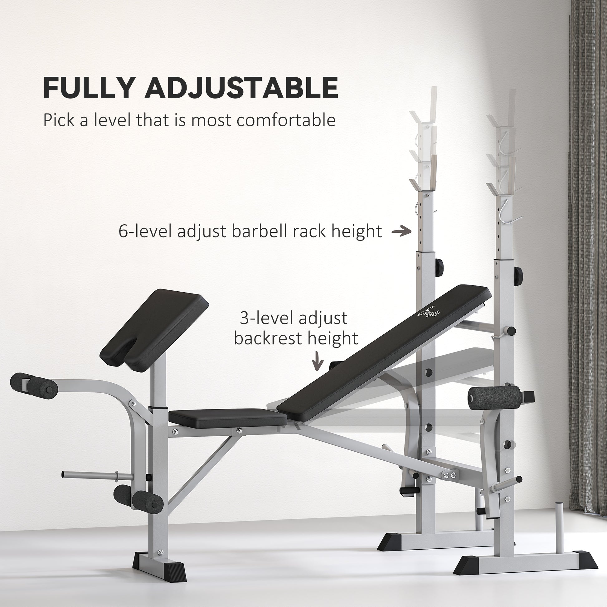 Soozier Bench Press Set Adjustable Weight Bench with Squat Rack, Preacher Curl Pad, Leg Developer and Weight Storage, Gr