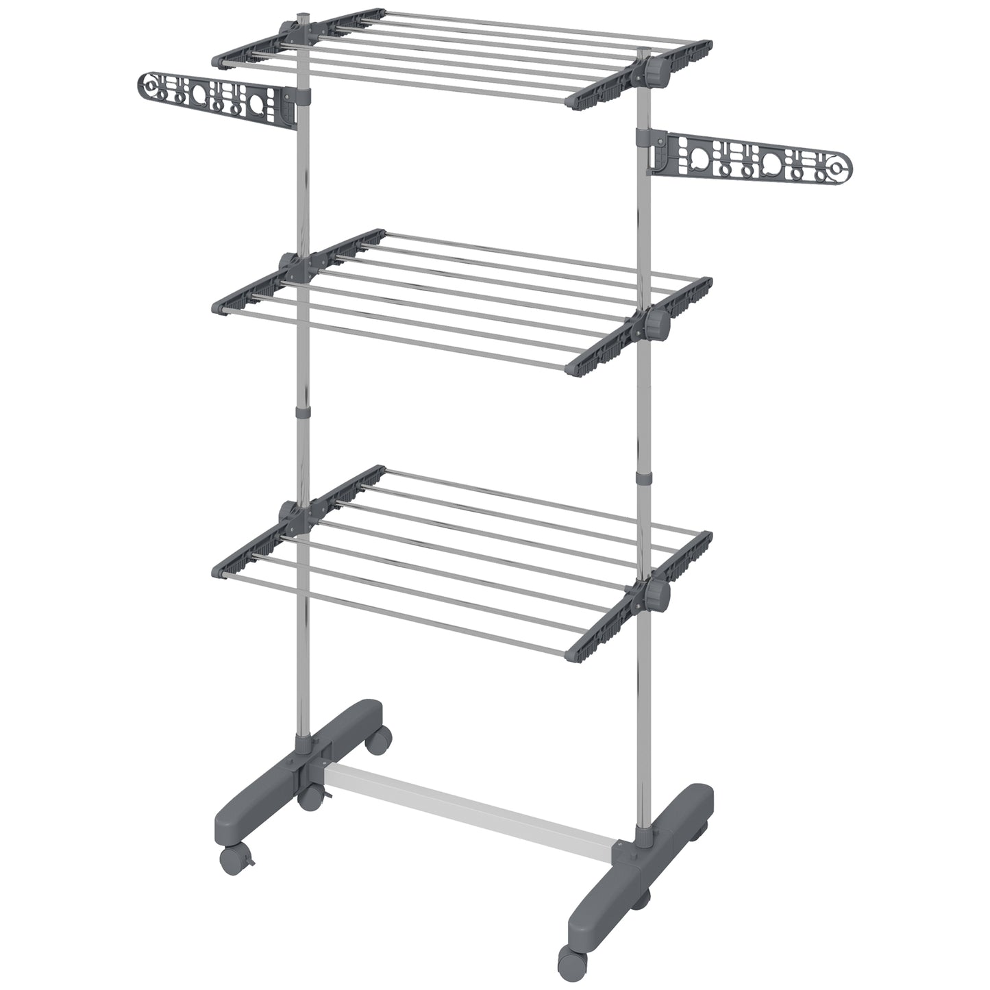3-Tier Foldable Clothes Drying Rack, Stainless Steel Laundry Rack with 2 Side Wings and 6 Castors, Collapsible Adjustabl